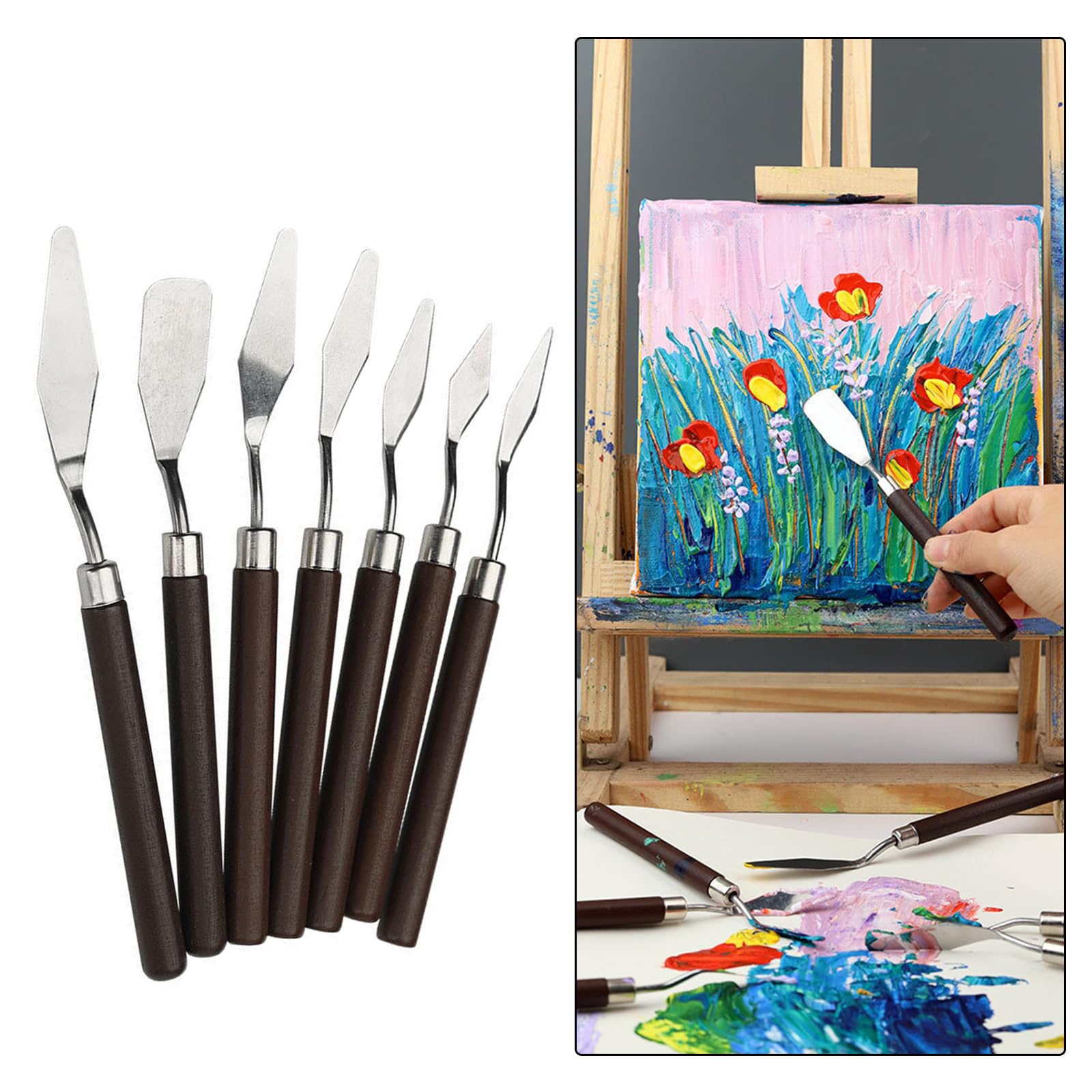 7 Pieces Stainless Steel Spatula Palette Knife Set Wood Handle Palette Knives for Oil Painting, Color Mixing Blending