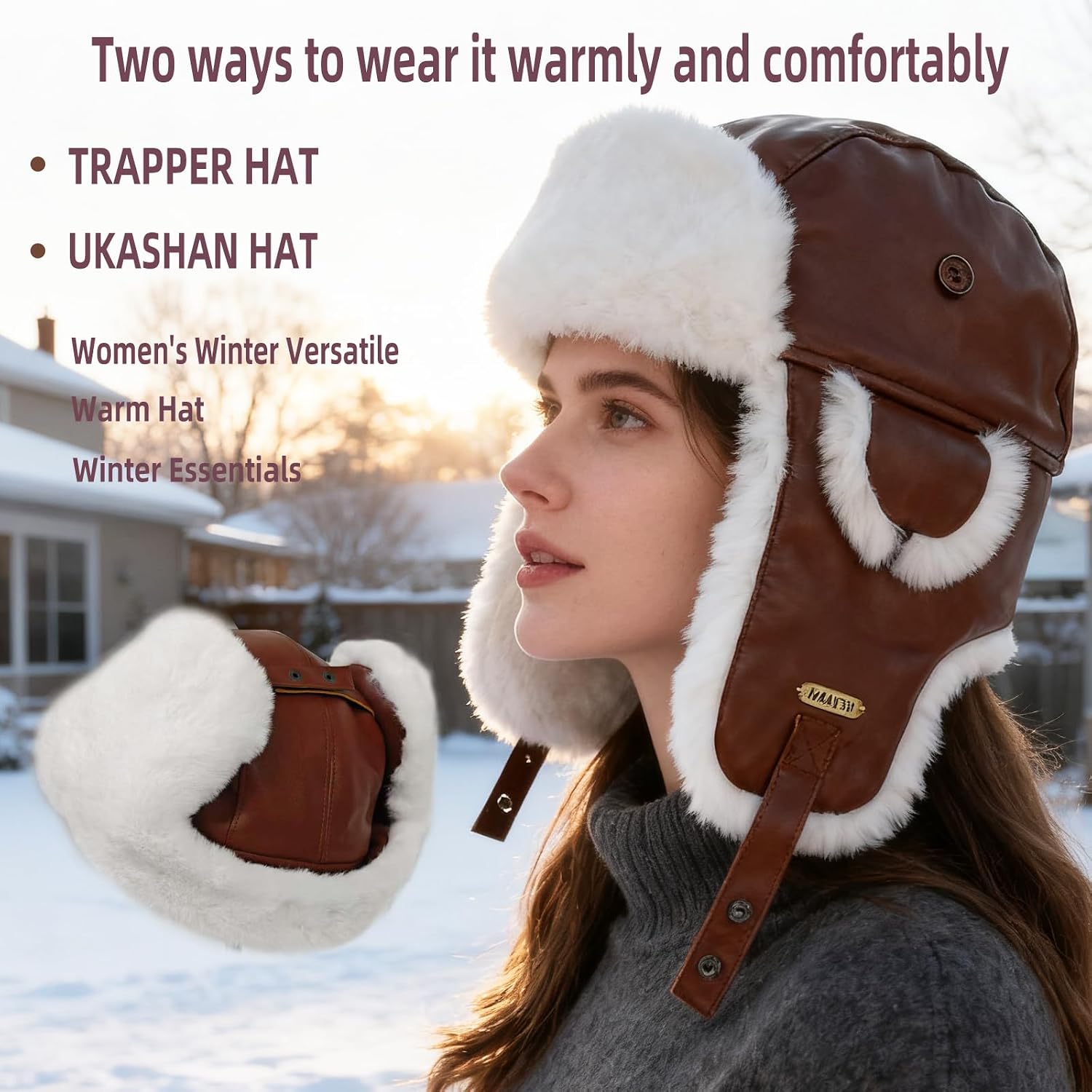 HEYANN Winter Trapper Hat Faux Leather Ushanka Russian Hats for Men Women