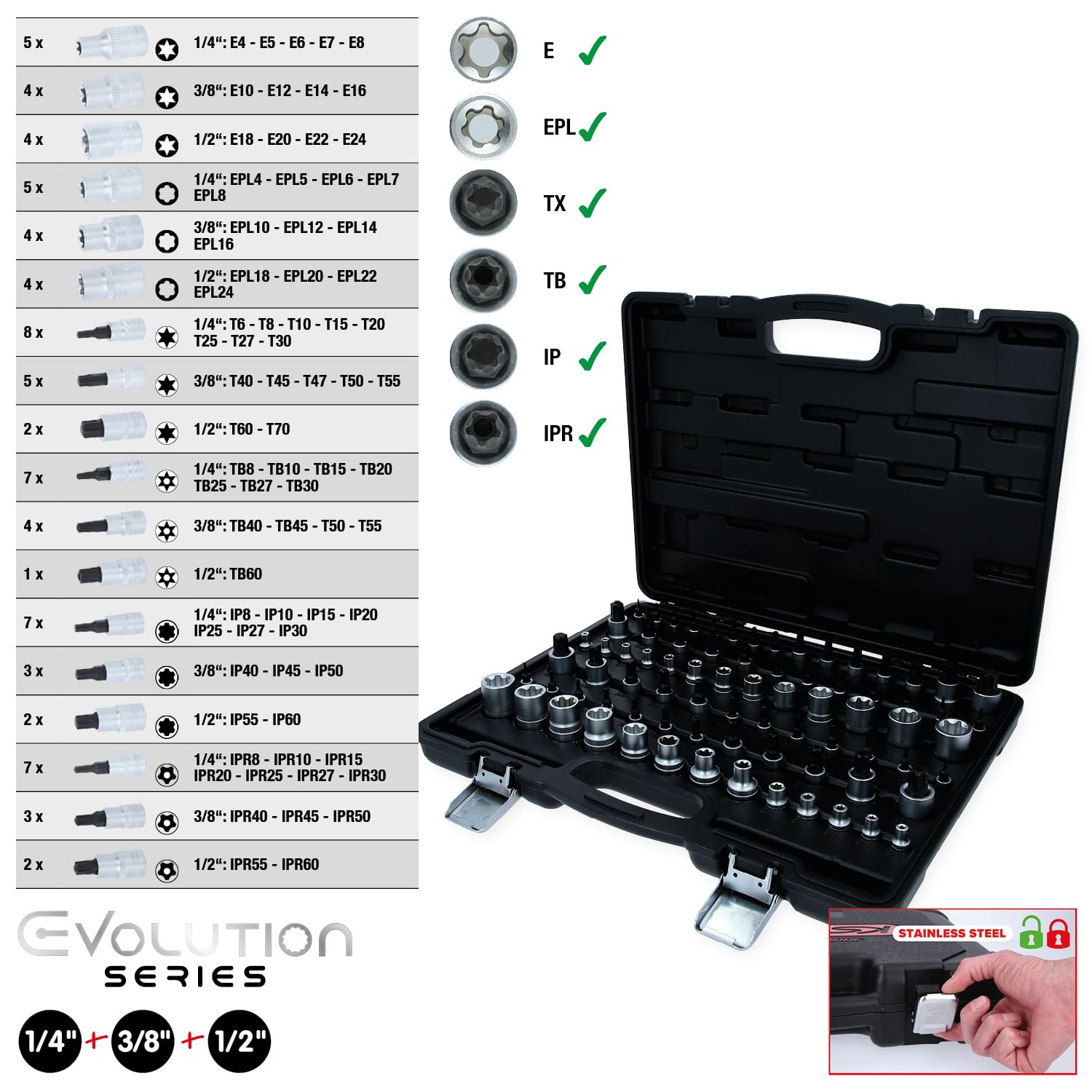 KS Tools 911.0077 EVOLUTION Series 1/4"+3/8"+1/2" Torx-Steckschlüssel-Satz, 77-tlg