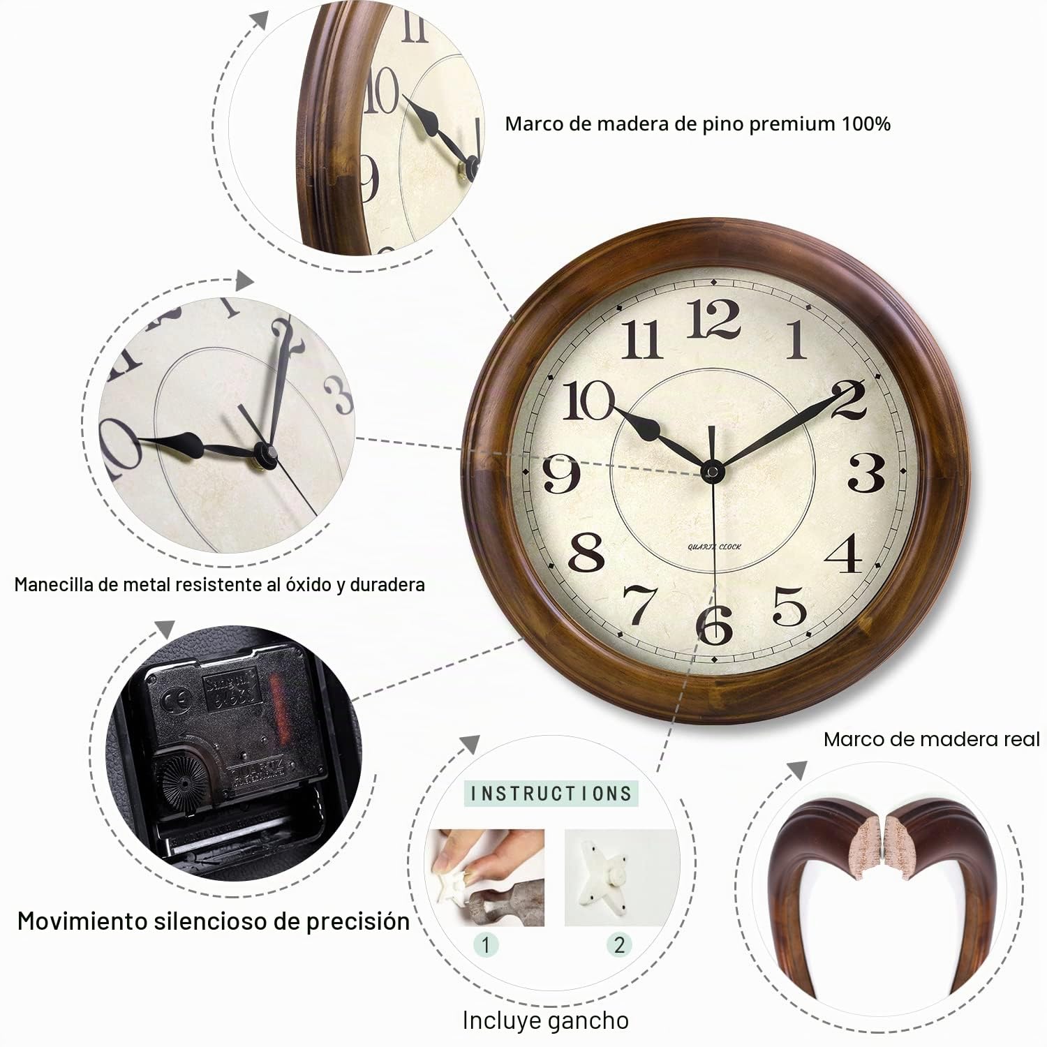 Kesin Reloj de Pared de Madera de 14 Pulgadas, silencioso, Grande, Decorativo, Funciona con Pilas, sin tictac, analógico, Retro, para Sala de Estar, Cocina, Dormitorio