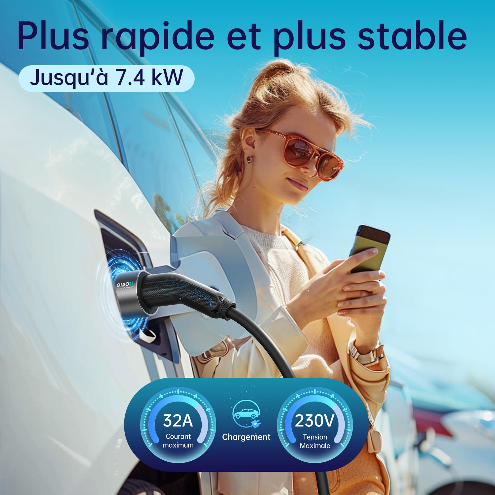 QIAO Câble de Charge de Type 2 monophasé(7.4kW/10m/32A) | IEC 62196 Mode 3, EV/PHEV, Type 2 à Type 2, pour Tesla, Renault, Peugeot, VW – compatible avec la plupart des Type 2