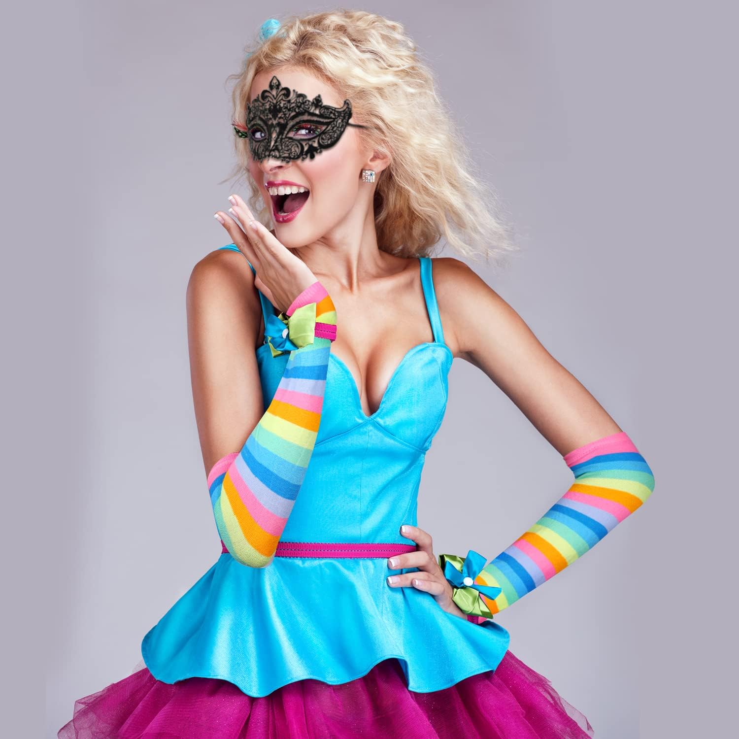 Benefeet Sox Womens Rainbow Striped Knee High Thigh High Socks Arm Warmers Set Fingerless Gloves Halloween Costume - Image 9