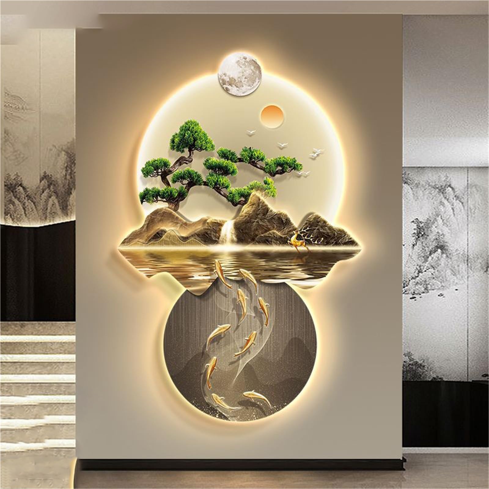 – Vnook 3D Wall Art, Wall Sculptures Hanging Art with Led Light, 3D Sculpture Painting Decoration, Chinese Wall Hanging Paintings