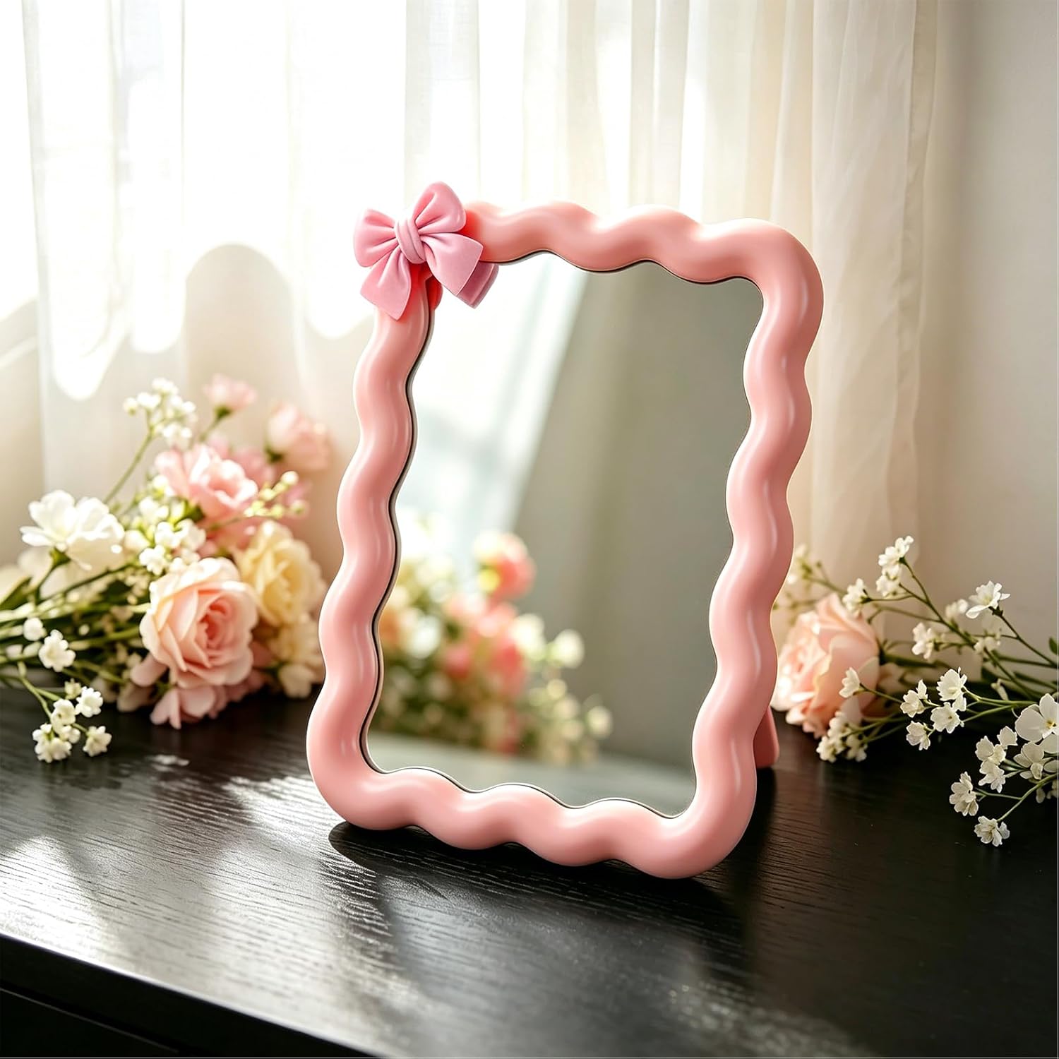 Wave Desk Makeup Mirror with Adhesive Bow,Office Mirror 6.7x5.3In(Pink)