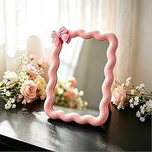 Wave Desk Makeup Mirror with Adhesive Bow,Office Mirror 6.7x5.3InPink