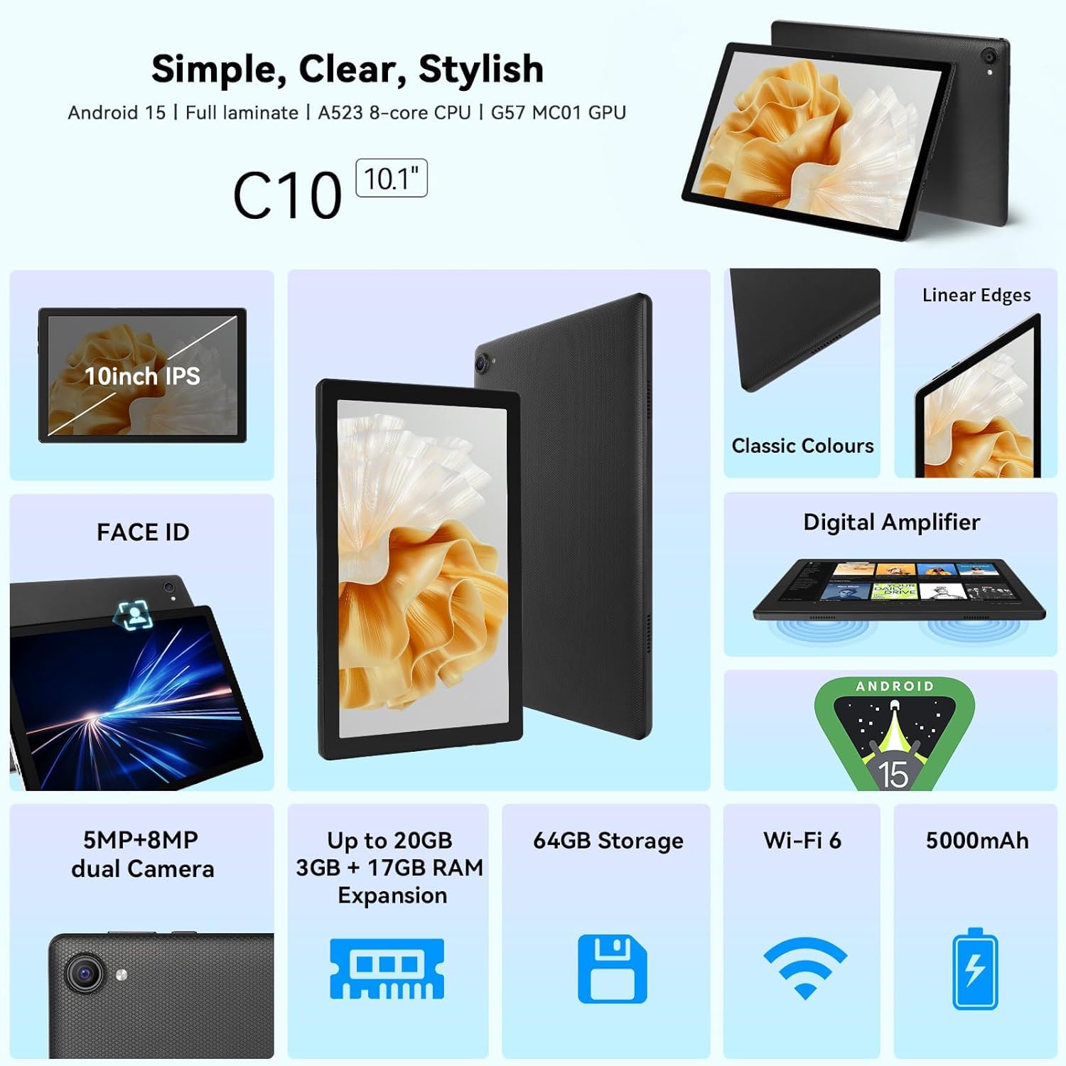 Laptok Tablet 10 pollici Android 15 Tablet con Octa-Core, Face ID, 20GB+64GB+1TB Espansione, 1280 * 800 HD IPS Touchscreen, tablet Android con WiFi 6 BT5.3, Doppia Fotocamera 5MP+8MP, Widevine L1