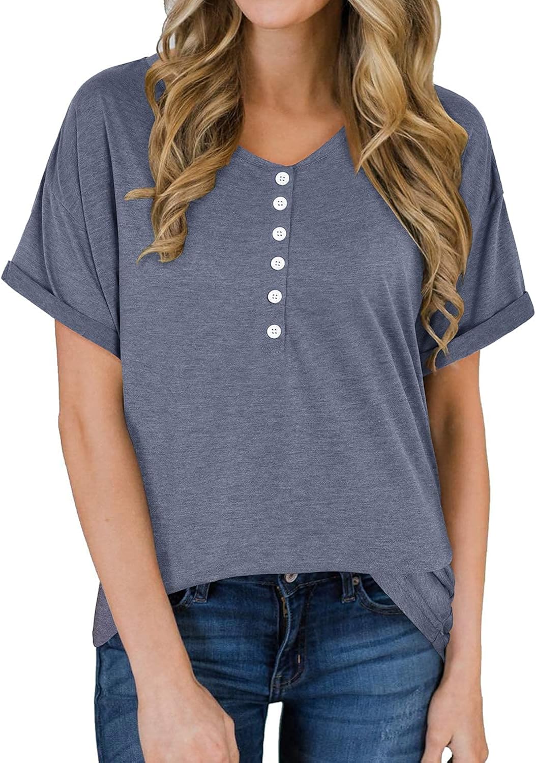 ULTRANICE Womens Short/Long Sleeve T Shirts V-Neck Button Tops Casual Loose Henley Blouse