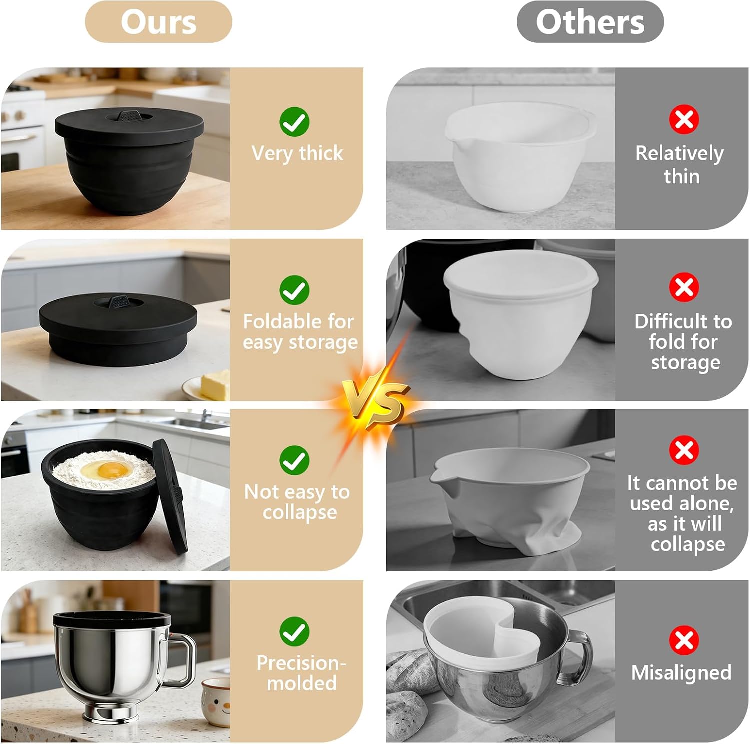 Silicone Mixing Bowl Liners Compatible with KitchenAid 5Qt Tilt-Head Stand Mixer, Food Grade Collapsible Bowl Inserts with Airtight Lids, Foldable & Reusable Mixer Accessories for Baking,Black image 2