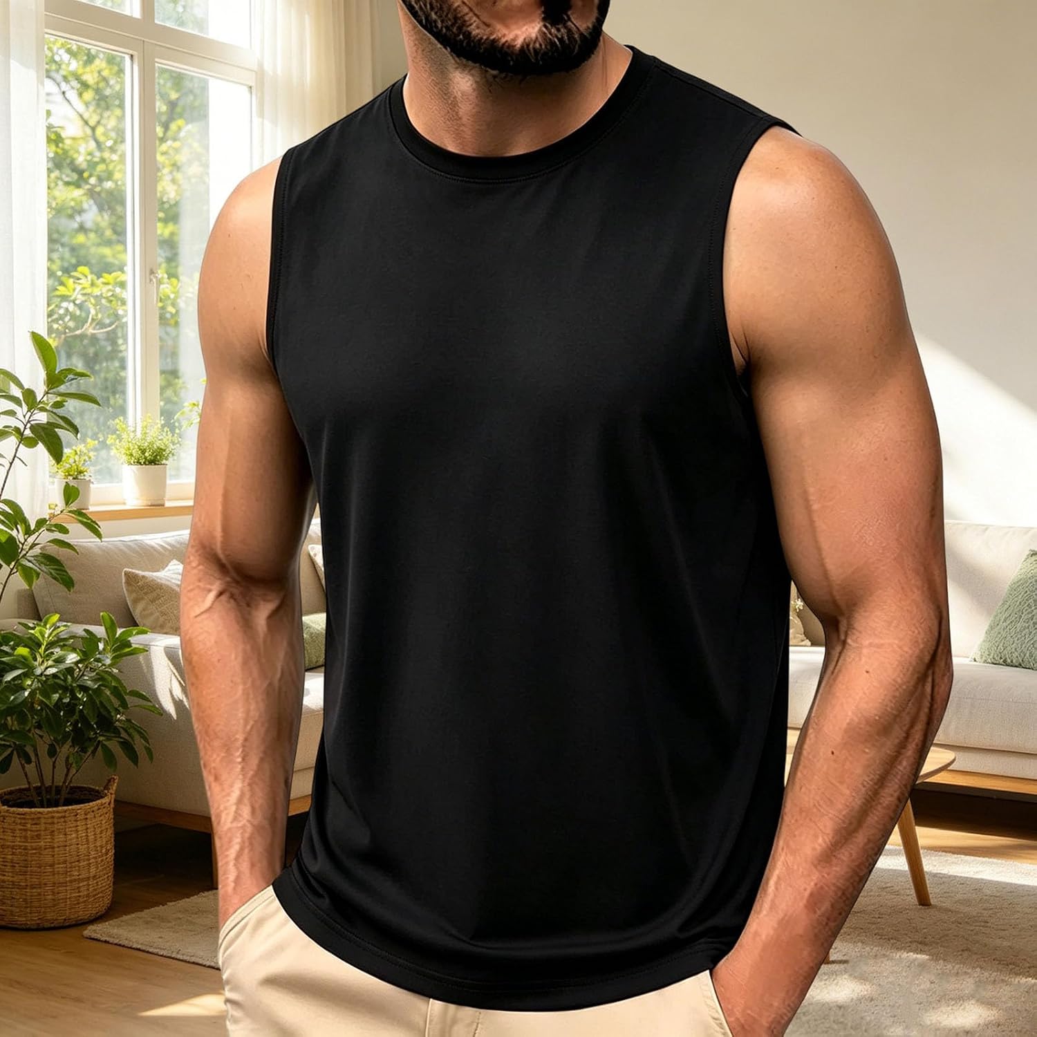 Men's Sleeveless Tank Top Crew Neck Workout Muscle Shirt | Crew Neck Tank Top, Sleeveless, Soft Comfortable Fit, For Gym, Bodybuilding, Beach, Running, And Summer Wear