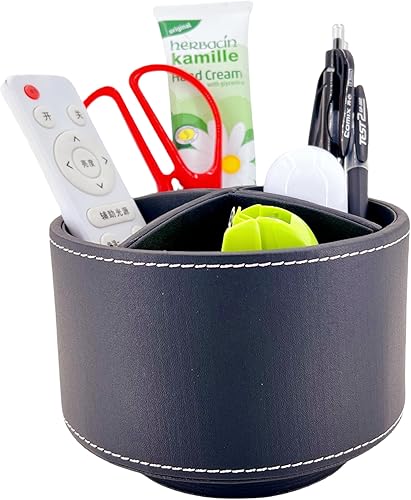 Miniatura 6 de Arniche Soporte redondo de cuero sintético para control remoto de TV, organizador de escritorio giratorio de 360, 4 compartimentos para