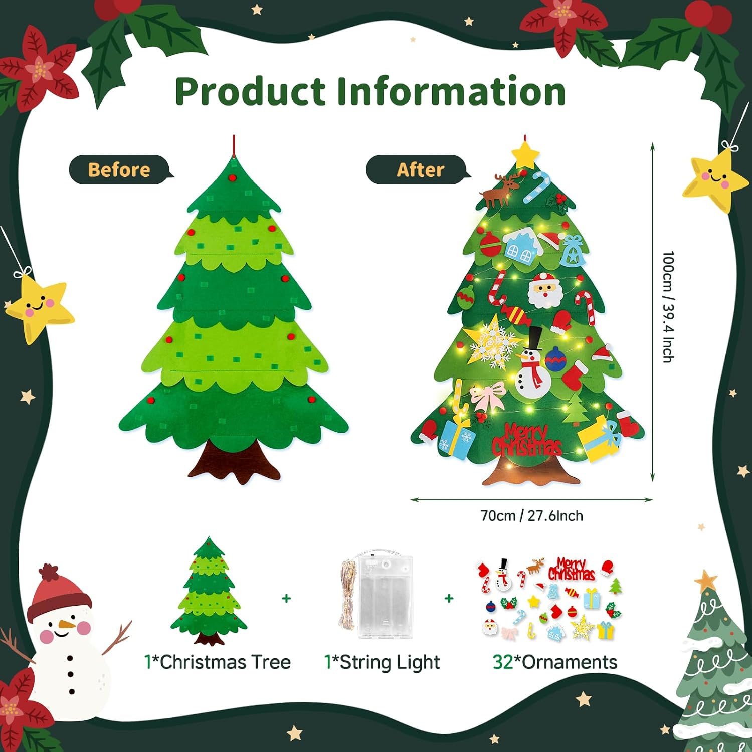 PIGETALE 3.3FT Montessori Felt Christmas Tree for Toddlers, DIY Wall Christmas Tree with 32 Ornaments and String Lights, Indoor Xmas Decorations Party Supplies Felt Craft Kits Home Decor Kids Gifts