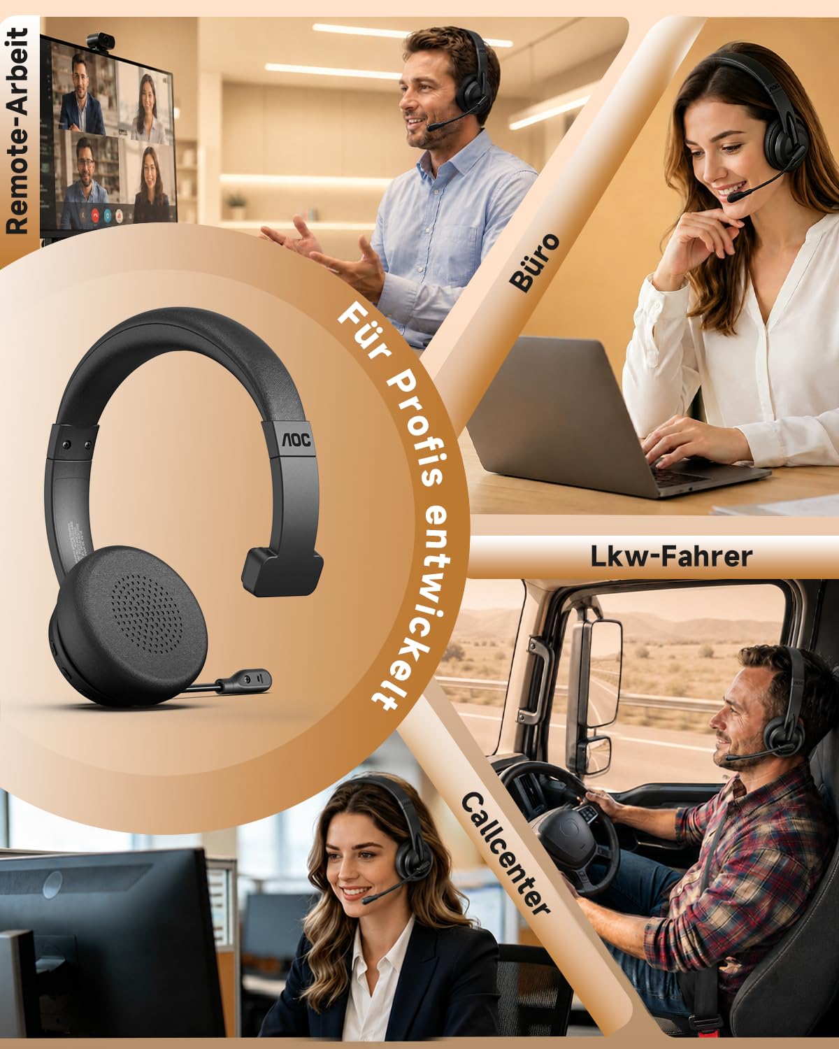 AOC 3-in-1 Bluetooth Headset mit Mikrofon Mono Headset Kabellos 2.4G Dongle | Bluetooth Headset mit AI ENC Geräuschunterdrückung, 45H Akku PC Headset für LKW-Fahrer, Home-Office, Call Center