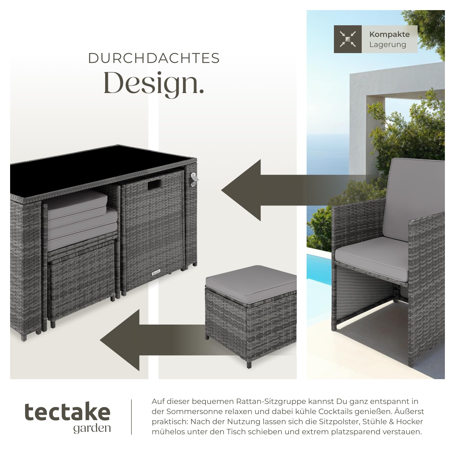 tectake Poly Rattan Sitzgruppe, 5- teiliges Lounge Gartenmöbel Set mit Tisch, Sessel & Hocker, Essgruppe für bis zu 4 Personen, Garten und Balkon Möbel inkl. Polster - grau