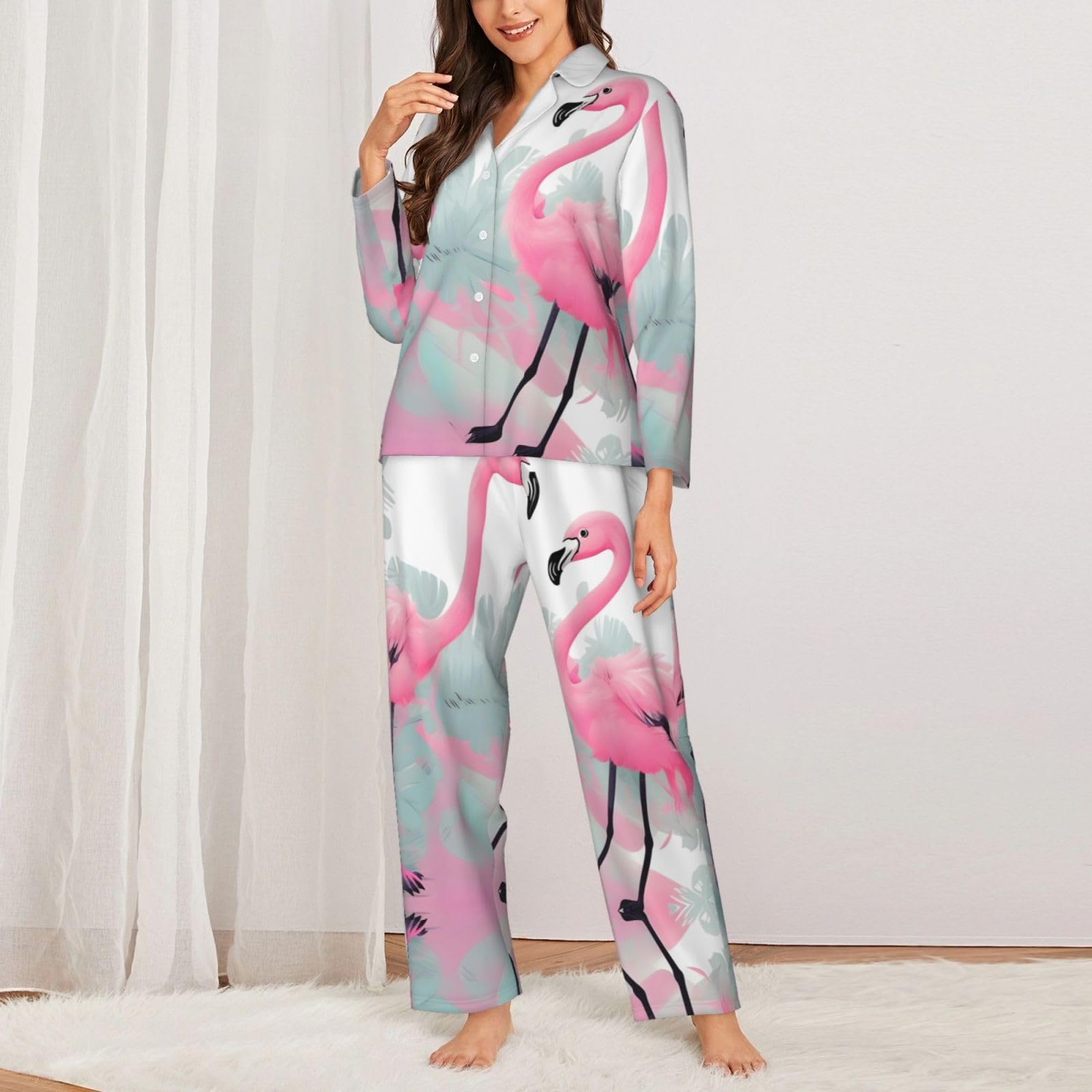Pigiama da donna a maniche lunghe stampato fenicottero rosa - Morbido e caldo abbigliamento da casa autunno/inverno -