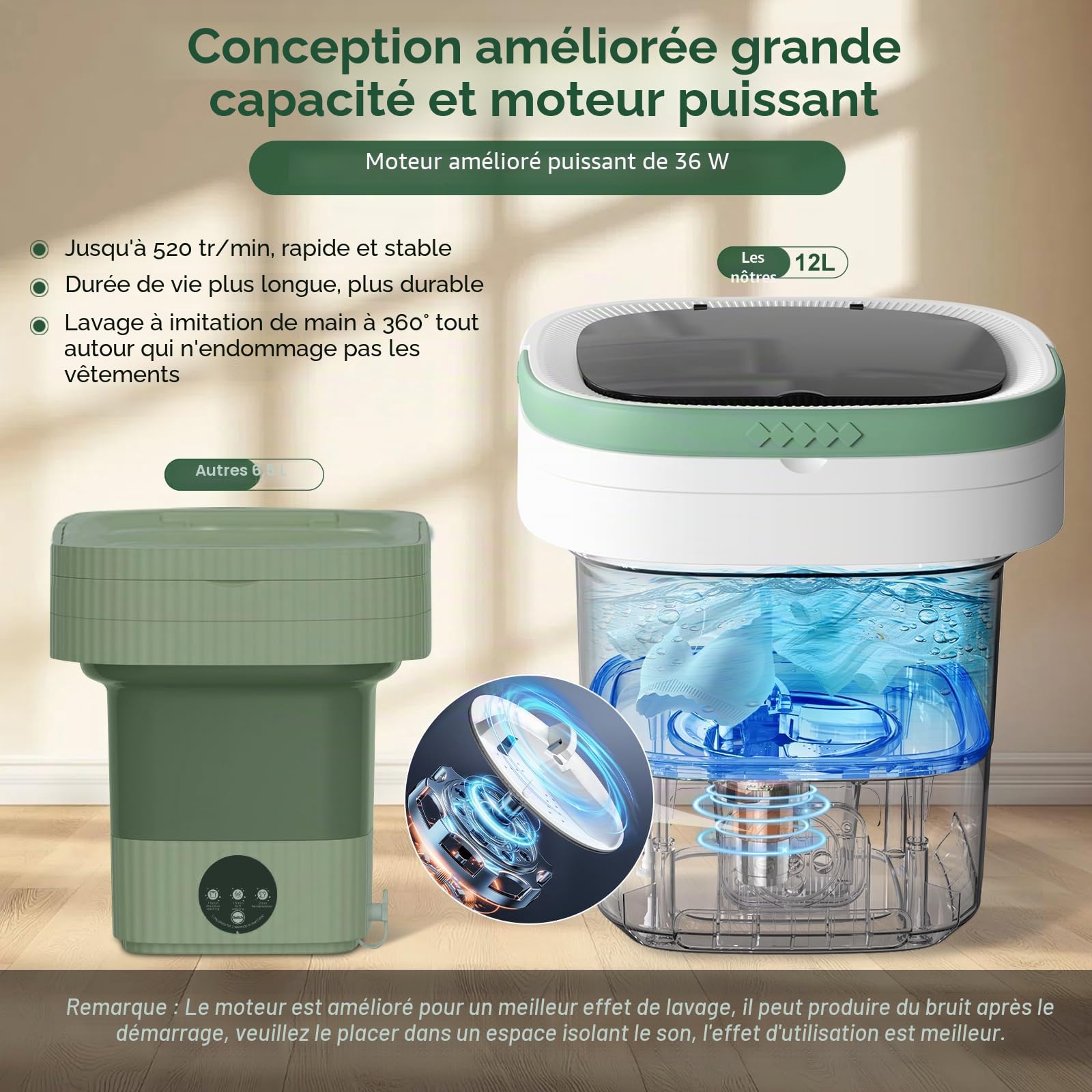 Mini Machine à Laver Portable 12L avec 3 Modes de Nettoyage & Panier d'Essorage Amovible