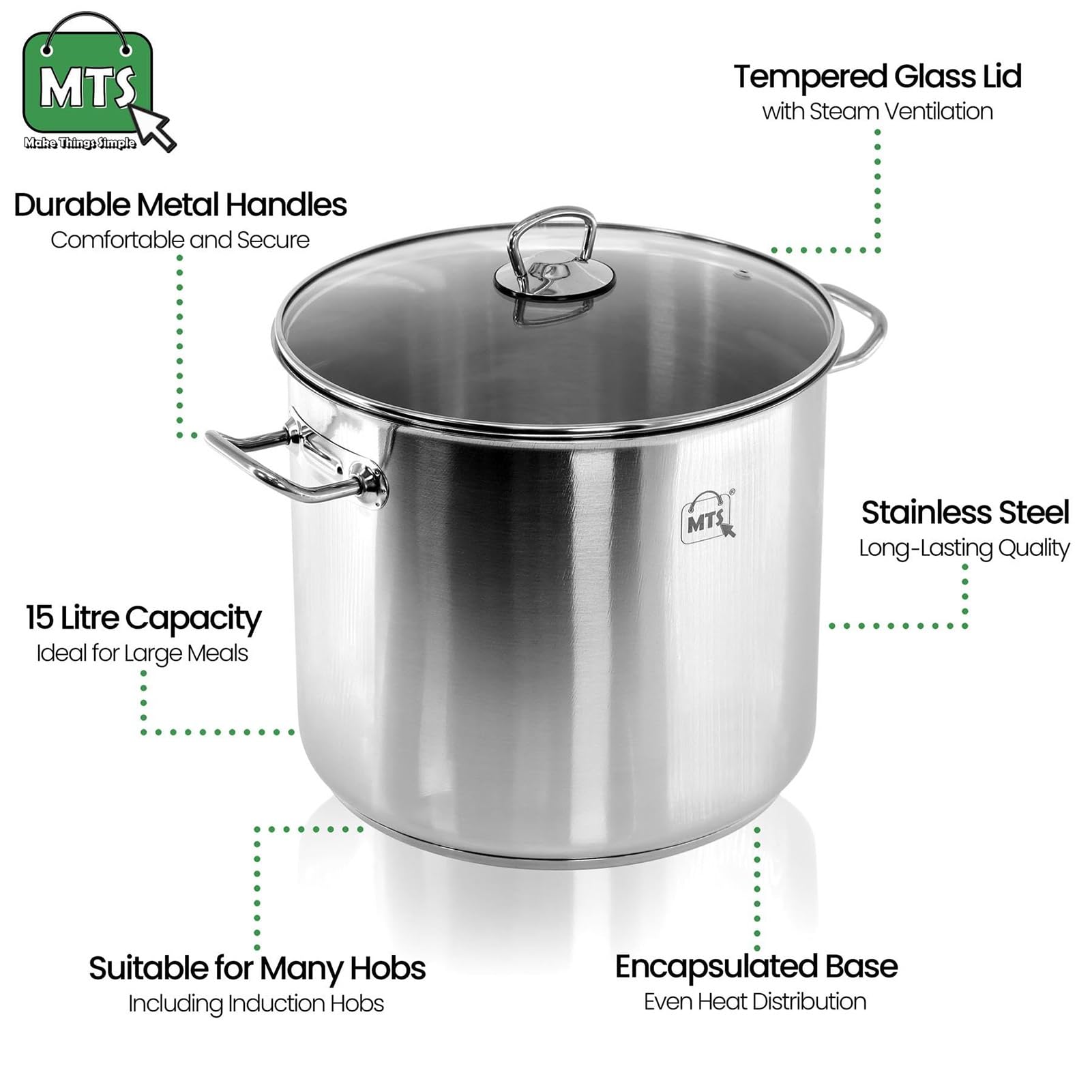 Olla Grande de Acero Inoxidable con Tapa, Olla Grande de 9 l con Tapa, Cacerola Grande y Profunda, Utensilios de Cocina, Olla para Sopa con Doble asa (15 litros)