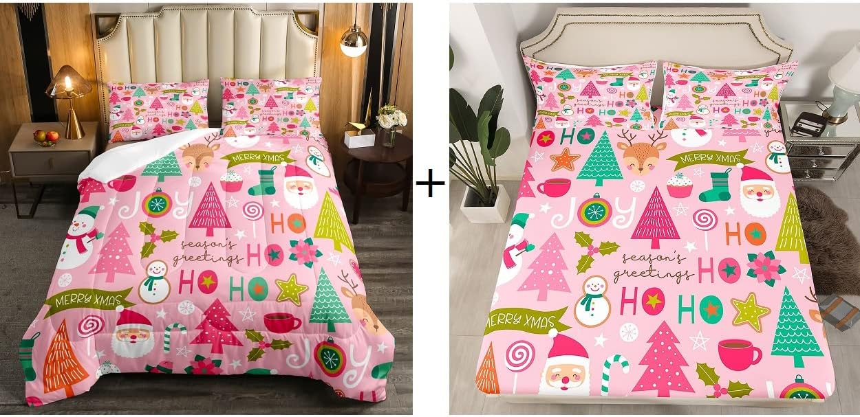 Erosebridal 6 Pcs Pink Christmas Comforter Set + Santa Claus Fitted Sheet + 4 Xmas Pillow Cases, Full Size