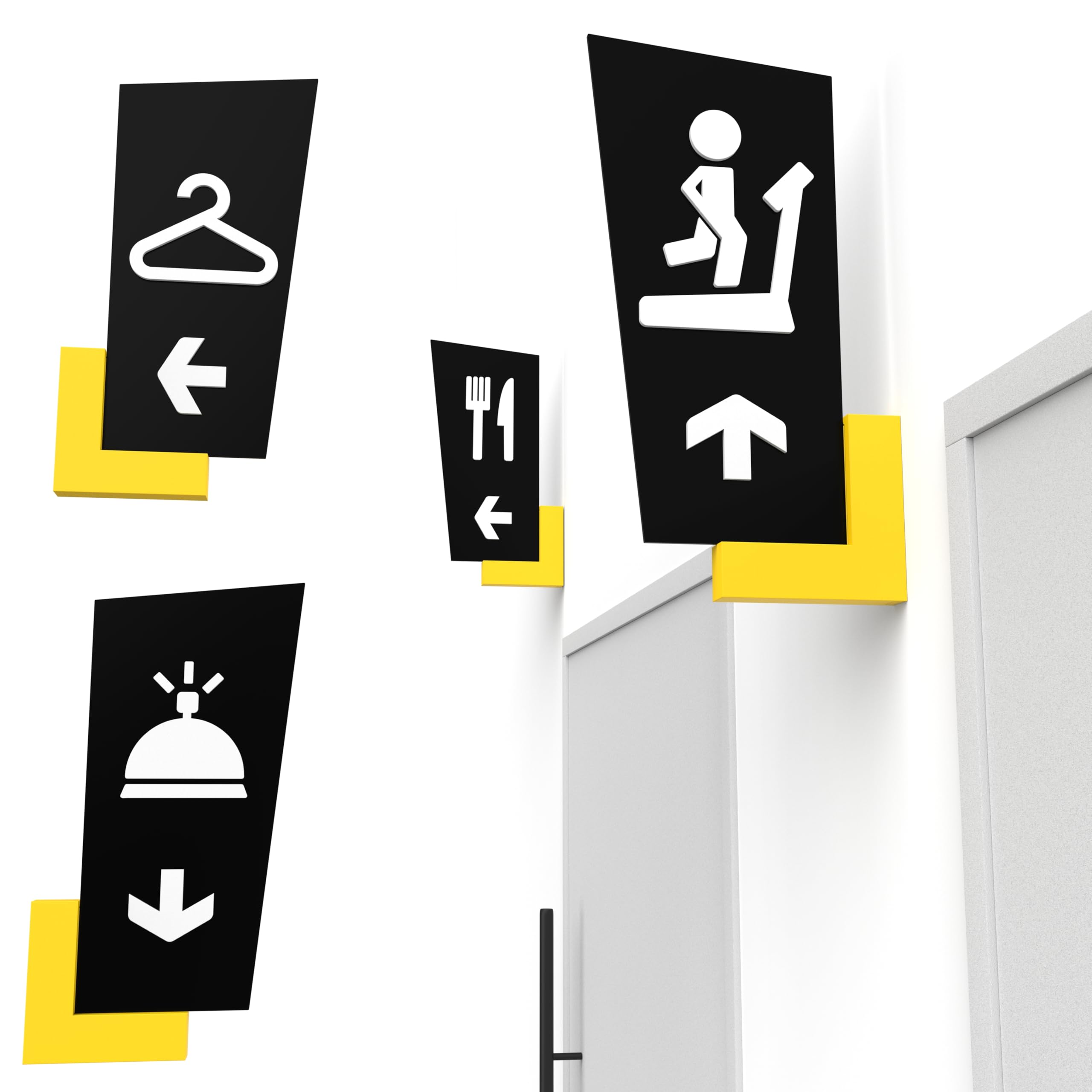 Set de 4 señales direccionales con flechas – 32 cm – Símbolos personalizados: Aseos, Recepción, Comedor, Gimnasio, Vestuario/Camerino – Carteles de pared de doble cara