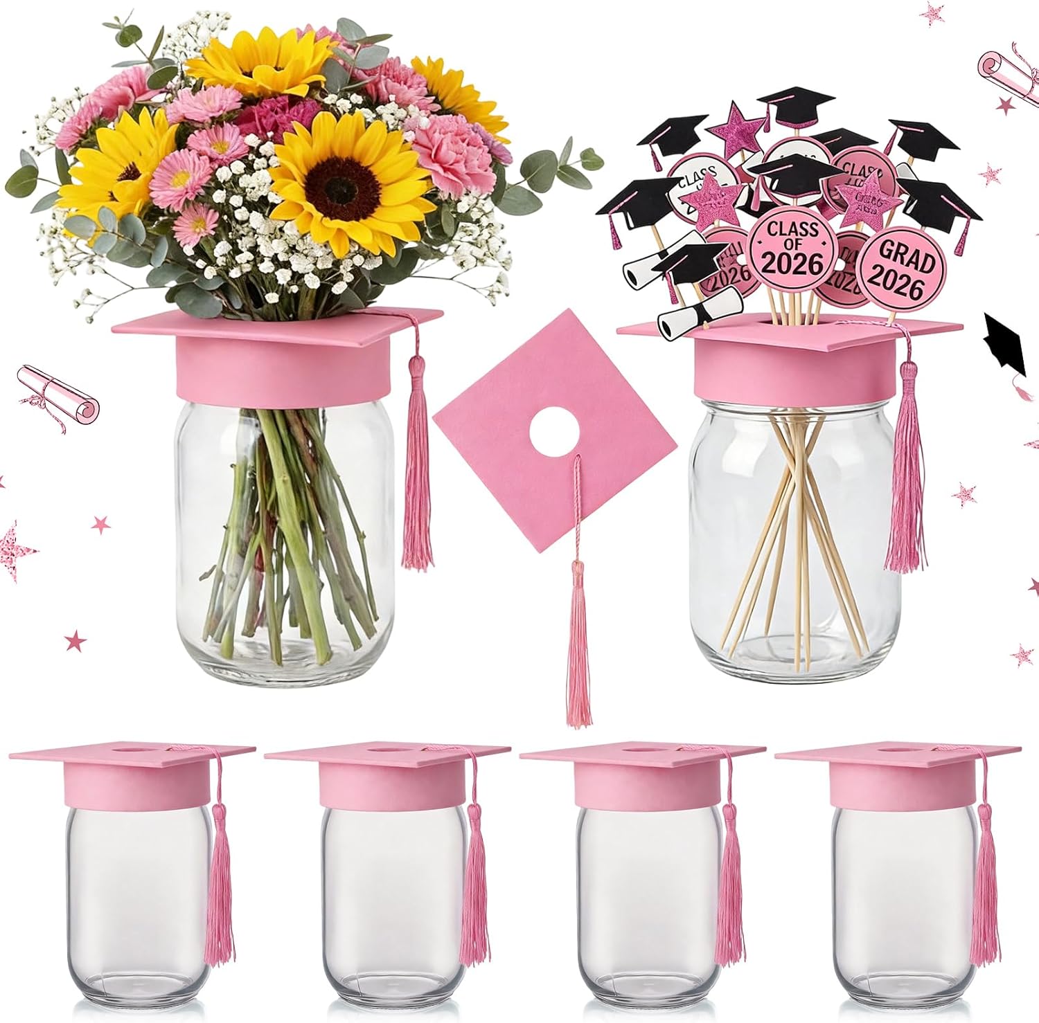 Qinyoung 12 Pcs 2026 Graduation Table Decoration Centerpiece Class of 2026 Graduation Decoration for Table Mason Jar with Grad Cap for Centerpiece Flower College High School Congrat Grad Party (Blue)