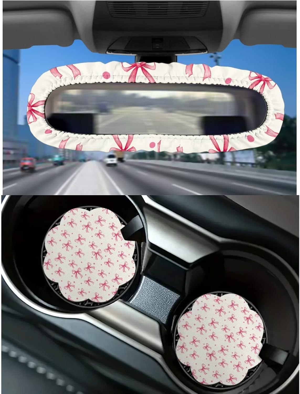 Bulopur Pink Cute Bow Car Interior Decoration Set with Rearview Mirror Cover
