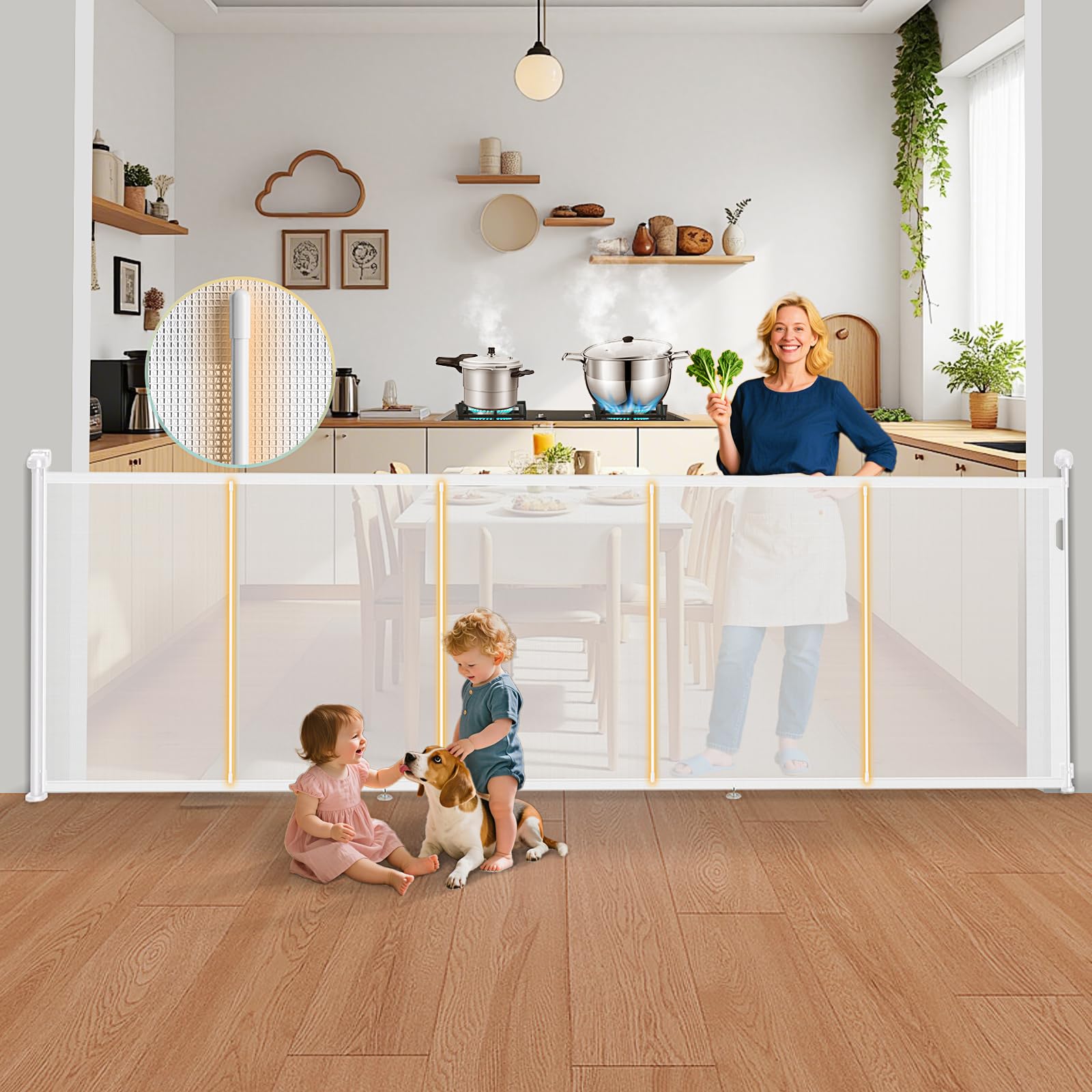 160'' Retractable Baby Gates Extra Wide, 42" Extra Tall Retractable Dog Gate for Doorways,13 Foot Safety Upgrade Extra Long White Retractable Baby Gate for Stairs, Indoor/Outdoor Retractable Gate