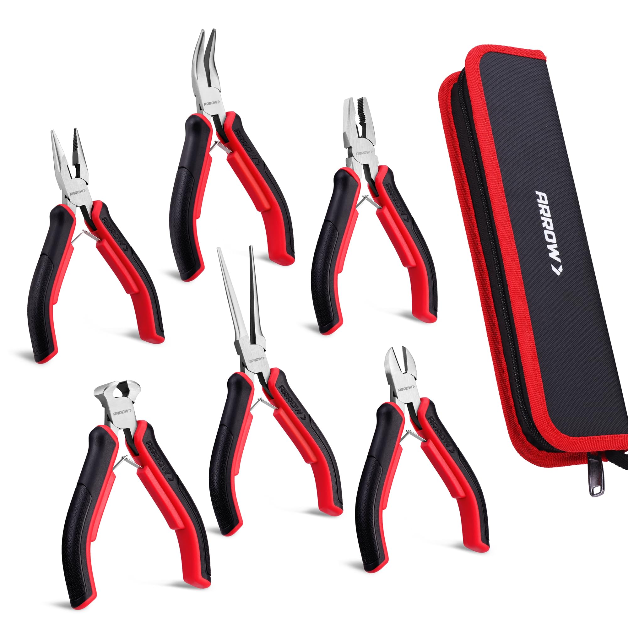 ARROW – Lot de 6 mini pinces de précision pour bijoux et loisirs créatifs – Comprend aiguille, diagonale, longue, courbée, coupe d'extrémité et pince de monteur de ligne pour électronique, artisanat