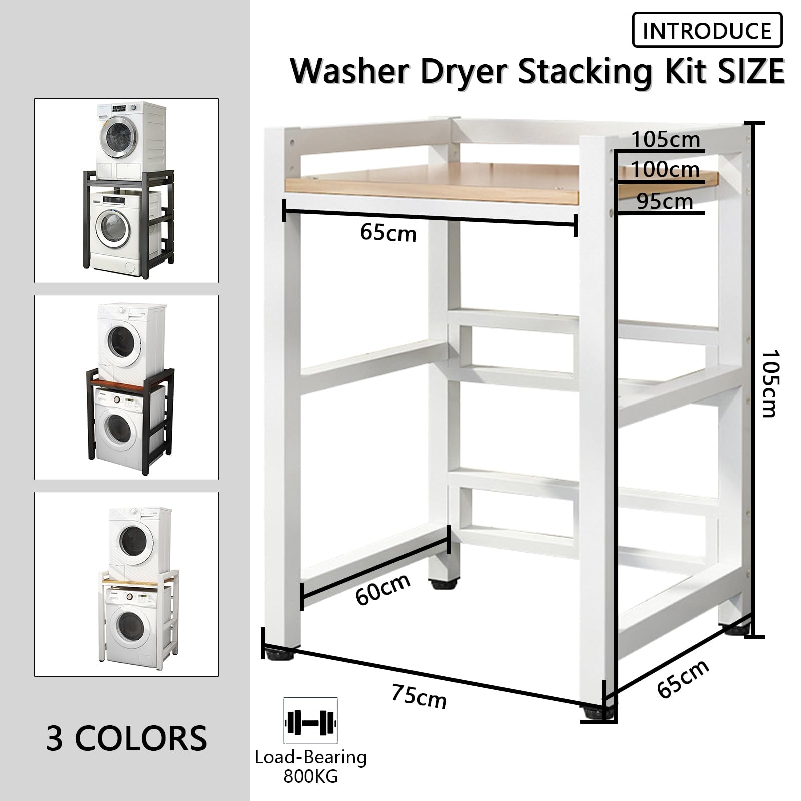 Soportes para lavadoras-secadoras Soporte de Carga 800Kg, Ajustable en Altura de 3 Niveles Mueble Para Lavadora y Secadora, Tubo Cuadrado de 1mm Espesor Estanterías para baño (BLACK, 75x65x105cm)