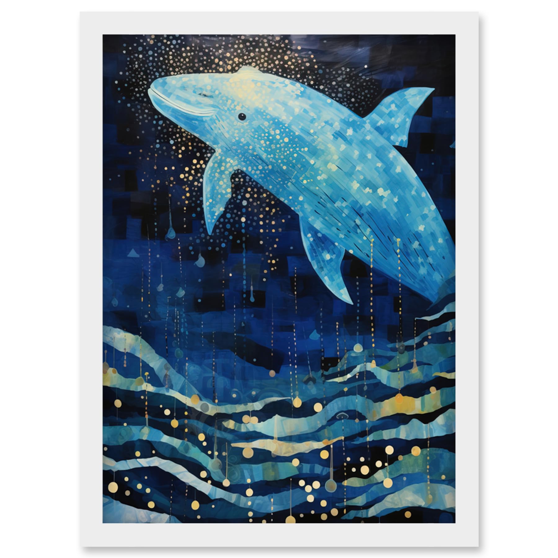 Artery8 Blue Whale Breach in Winter Waters Moonlit Seascape Waves Artwork Framed Wall Art Print A4