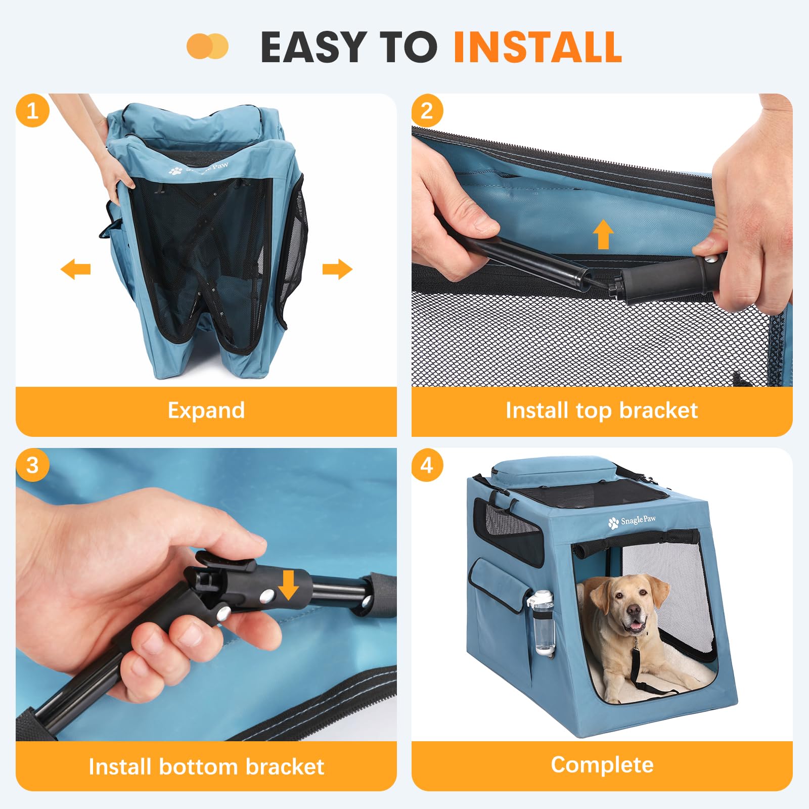 Snagle Paw Jaula portátil para perros para viajes en coche, plegable, grande, con marco de metal y ventanas de malla de 3 puertas, se asegura en el maletero/asiento trasero, transportador de perrera