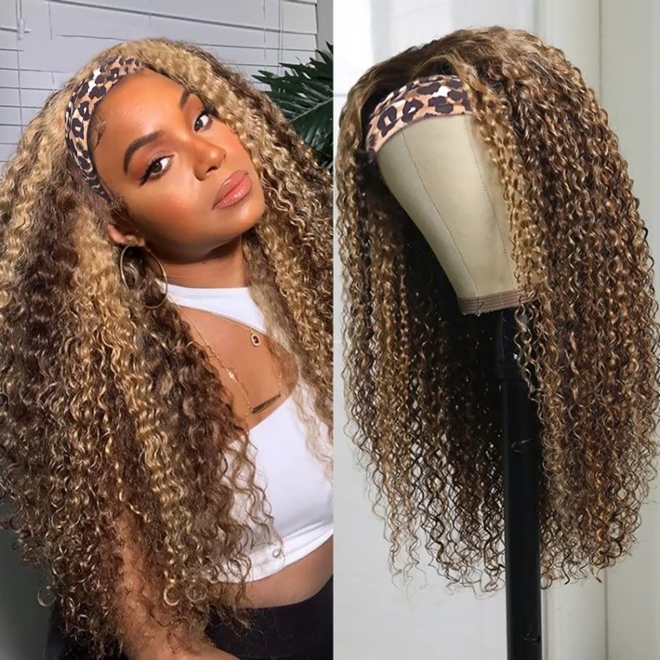 Image of XSY Curly Headband Wig Human Hair Highlight Ombre Deep Wave Headband Wigs for Black Women #4 /27 Golden Brown Wig 28 Inch