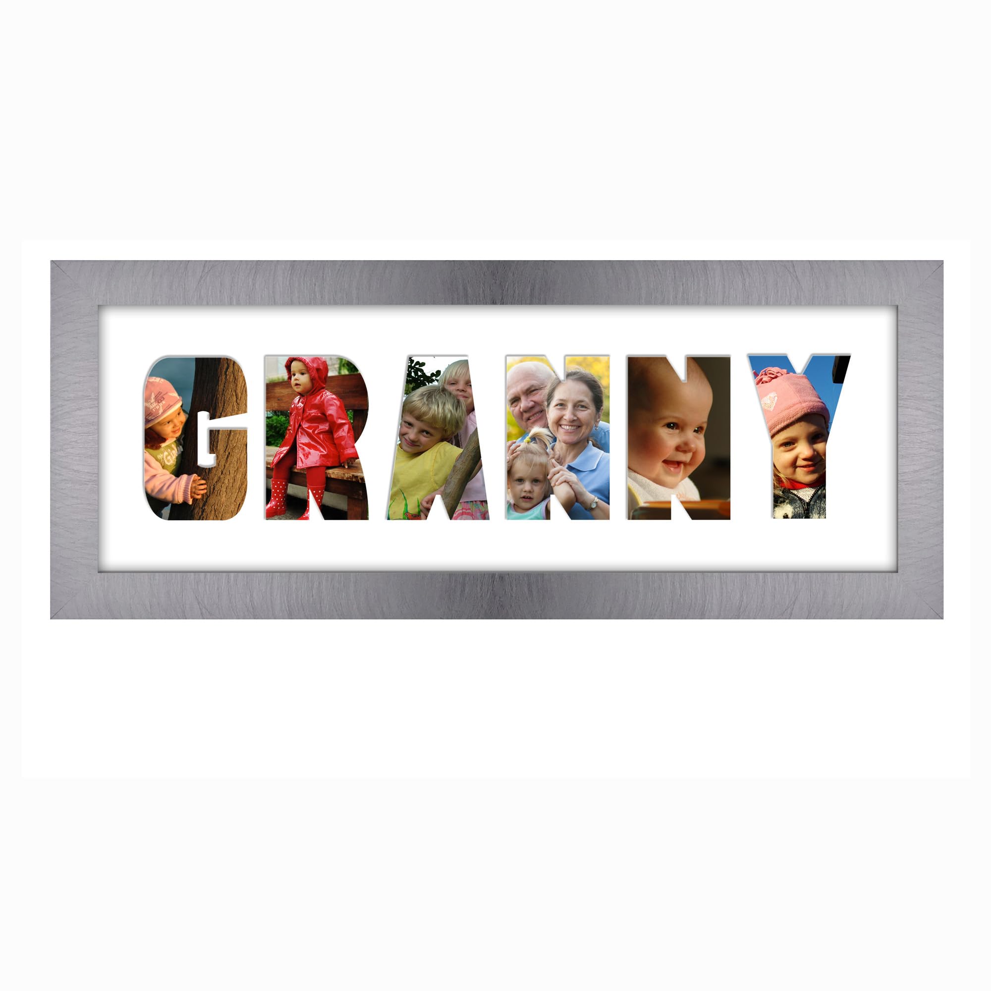 Photos In A Word Brushed Silver Finish Frame White Mount Granny Photo Frame Letter Word Name Frame Single Mounted 14035A (Brushed Silver Finish Frame White Mount)