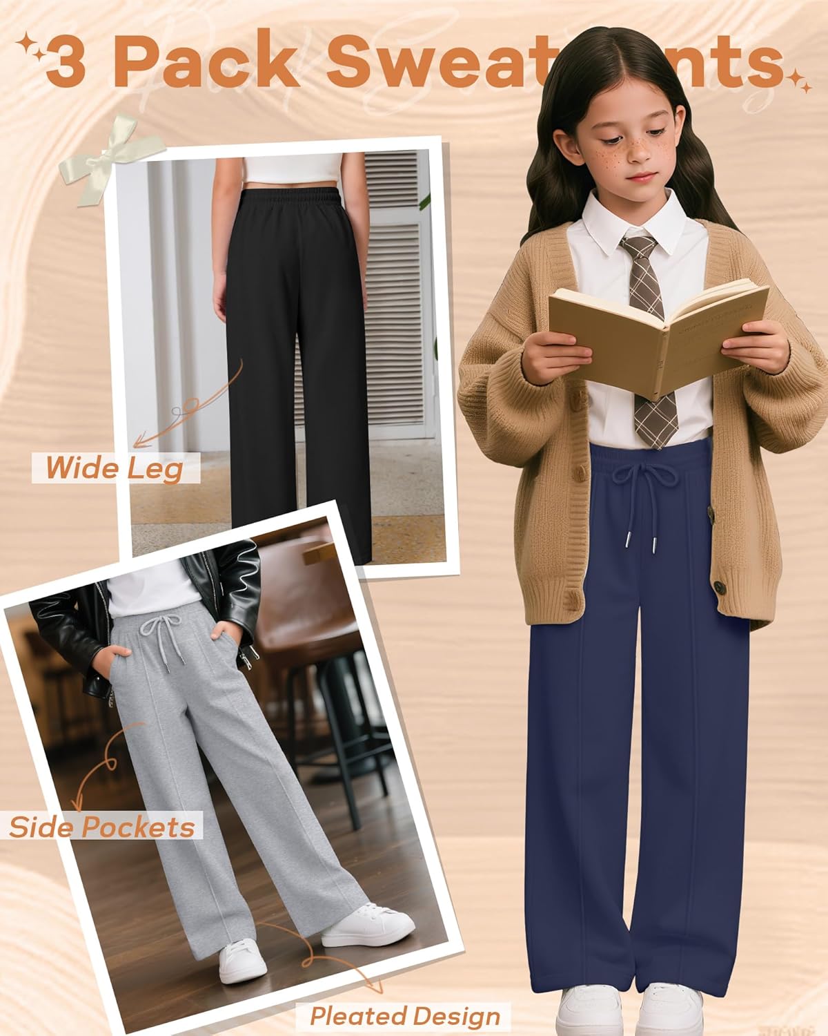 3 Pack Girls Wide Leg Sweatpants Drawstring Baggy Pants Teen Girls Athletic Joggers Pants with Pockets 5-14Y - Image 5