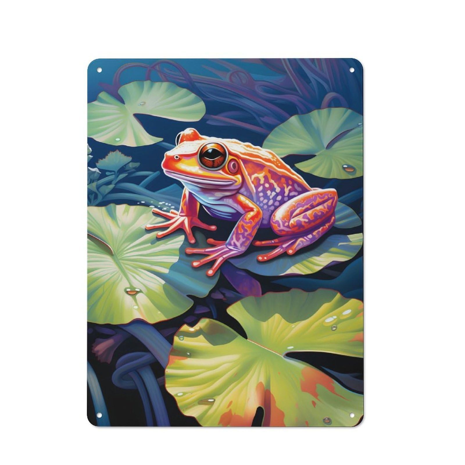 Junmoney Frog On A Leaf Painting Metal Wall Sign 40X30cm, Rustic Decor For Home Bar Wall, Gift Idea At Christmas For Hosts Who Enjoy Retro Interiors