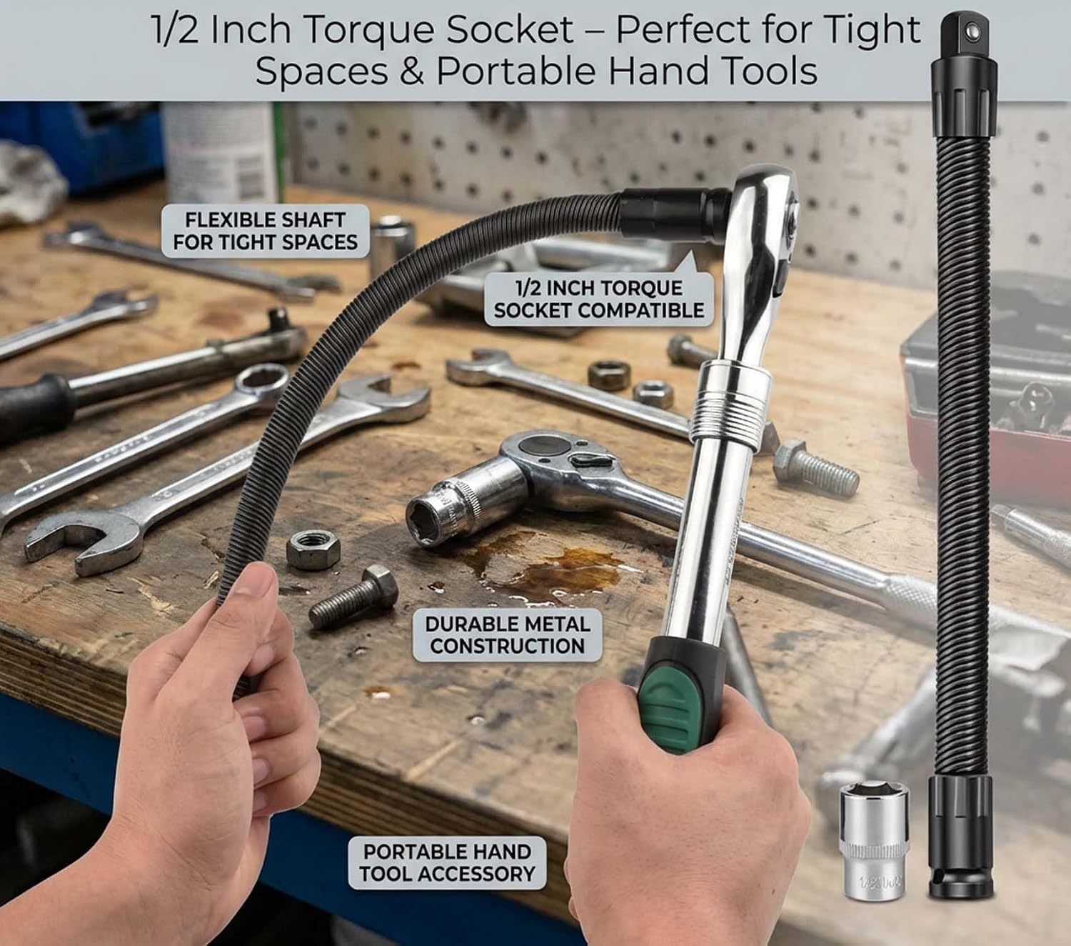 1/2 Flexible Shaft Extension Extender Torque Socket, 13.8-Inch Bendable Wrench Extender with Spring Steel Shaft, Flexible Ratchet Extension for Hard to Reach Bolts,Tight Spaces (9.8inch*1+13.8inch*1)
