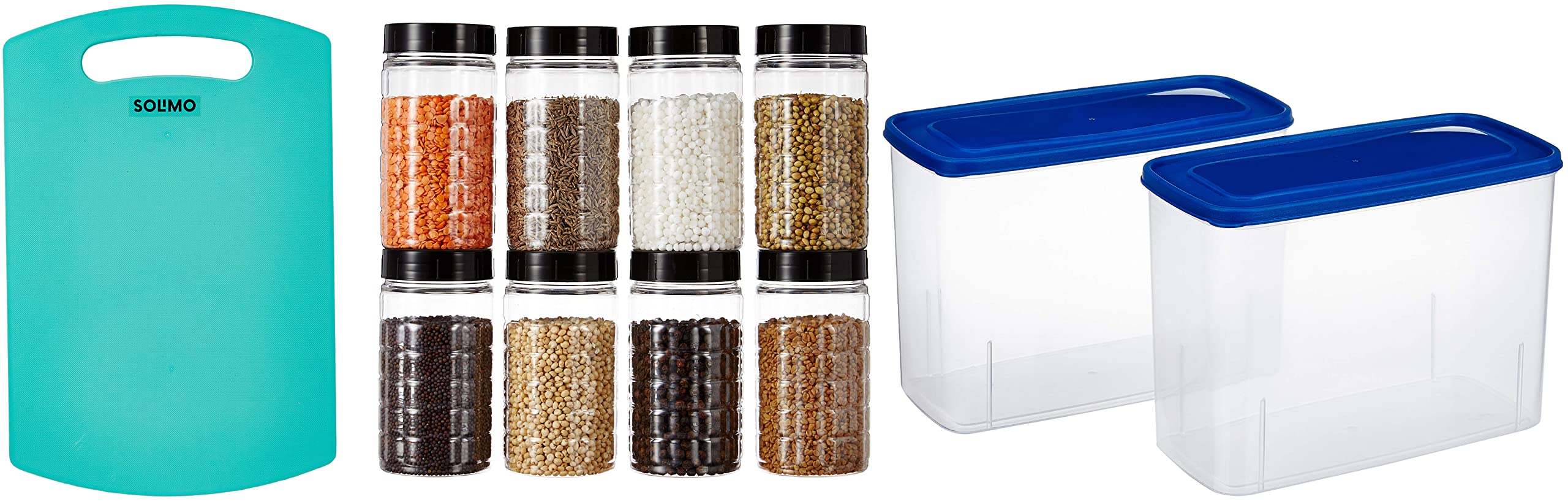 Amazon Brand - Solimo Set of 2 Storage Container (3.4L), Blue (24 x 17 cms) & Spice Jar, 200ml, Set of 8, Black & Plastic Cutting/Chopping Board - Turquoise Blue (B0BCDZKHV7) Amazon Price History, Amazon Price Tracker