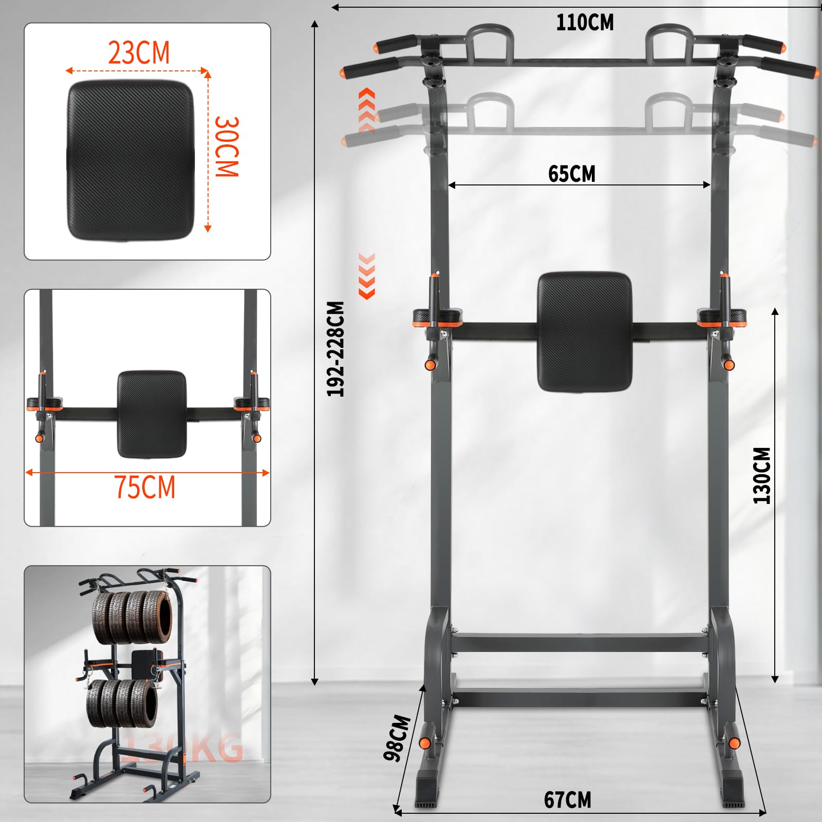 ISE Power Tower - Barra de tracción para silla romana de altura ajustable, multifunción, dips abdominales, estación de musculación para entrenamiento en casa, reposabrazos, fitness, 130 kg