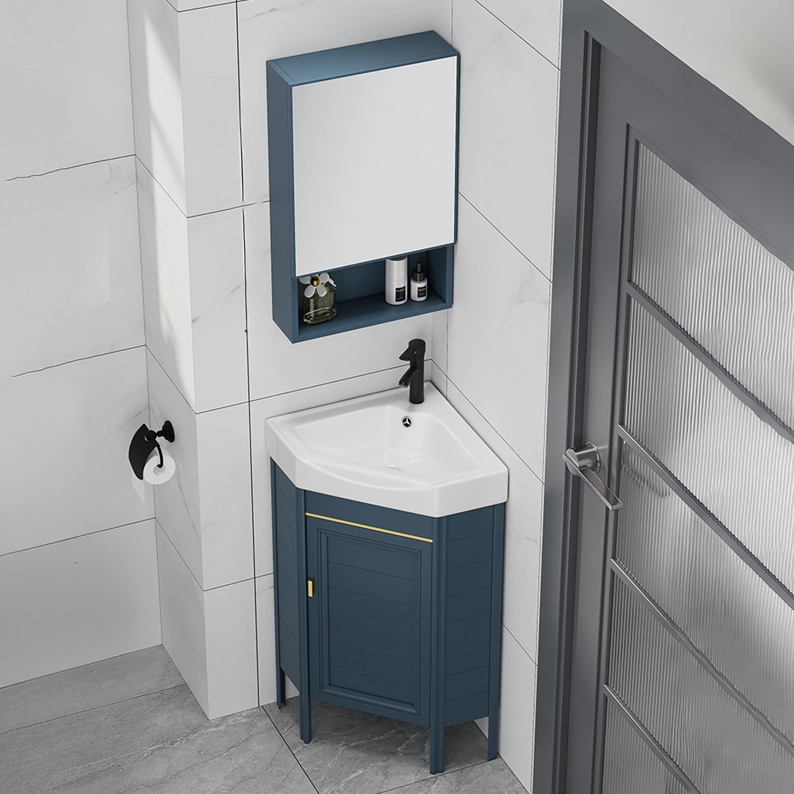 GLJTUO Corner Bathroom Sink Cabinet with Ceramic Basin Freestanding Corner Vanity with Mirror Triangle Wall Mount for Kitchen Lavatory Home,One Color-43cm/16.9in
