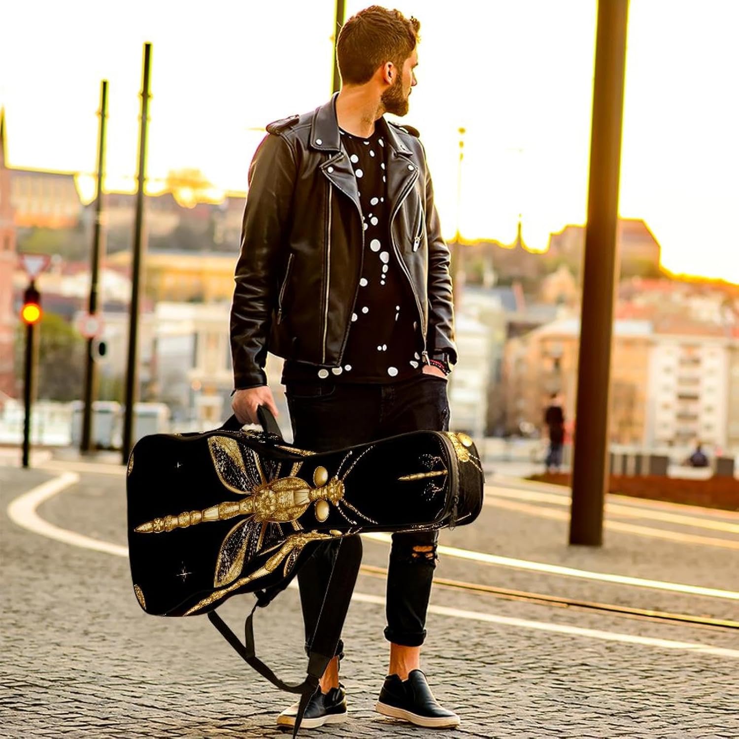 Acoustic Guitar Gig Bag 10mm Thick Padding, Soft Waterproof Guitar Case with Adjustable Backpack Straps for 40-42 Inch Guitar, Gold Dragonflies on Black Background