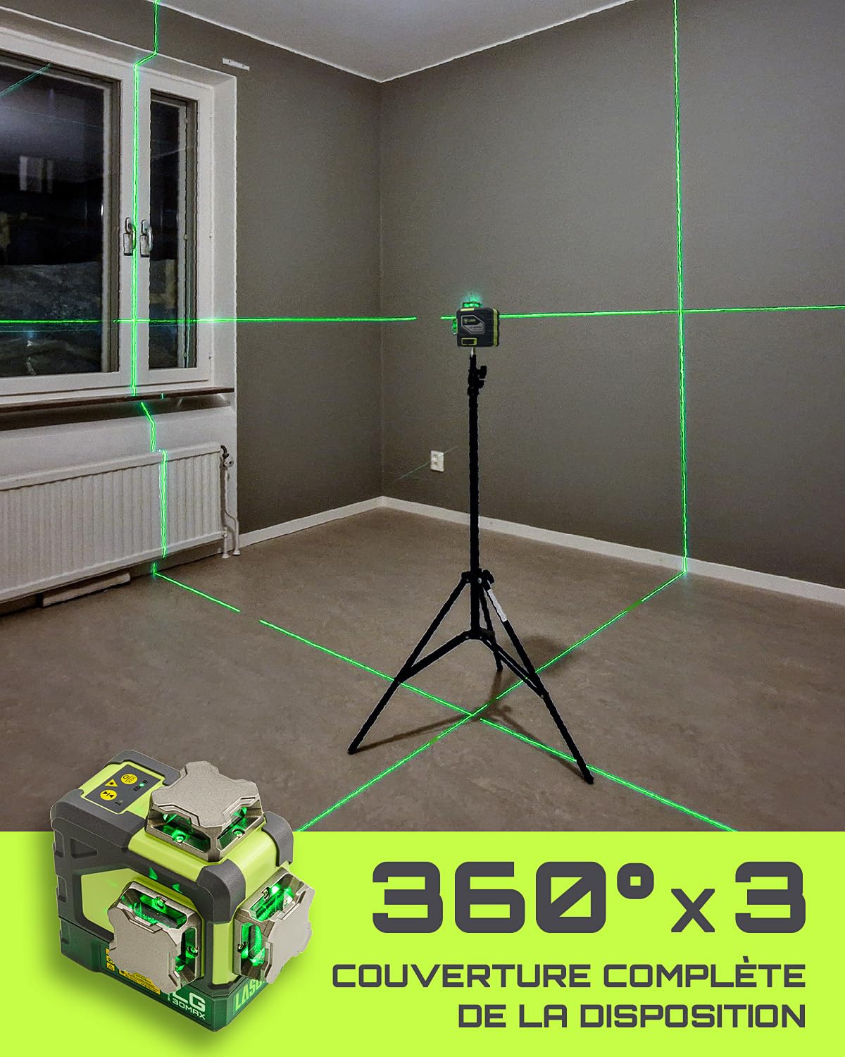 LasGoo LG-3DMAX Niveau Laser 3x360° Vert, Laser Croisé Auto-Nivellant 3D, 2 Batteries Lithium Rechargeables, Adaptateur de Réglage, Lunettes et Étui Rigide