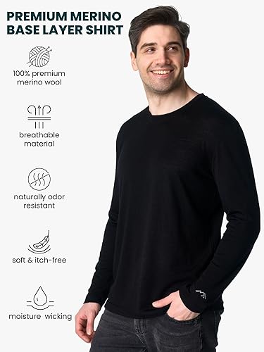 Miniatura 3 de Capa base de lana merino para hombre, 100% lana merina, ropa interior térmica de manga larga para senderismo, caza