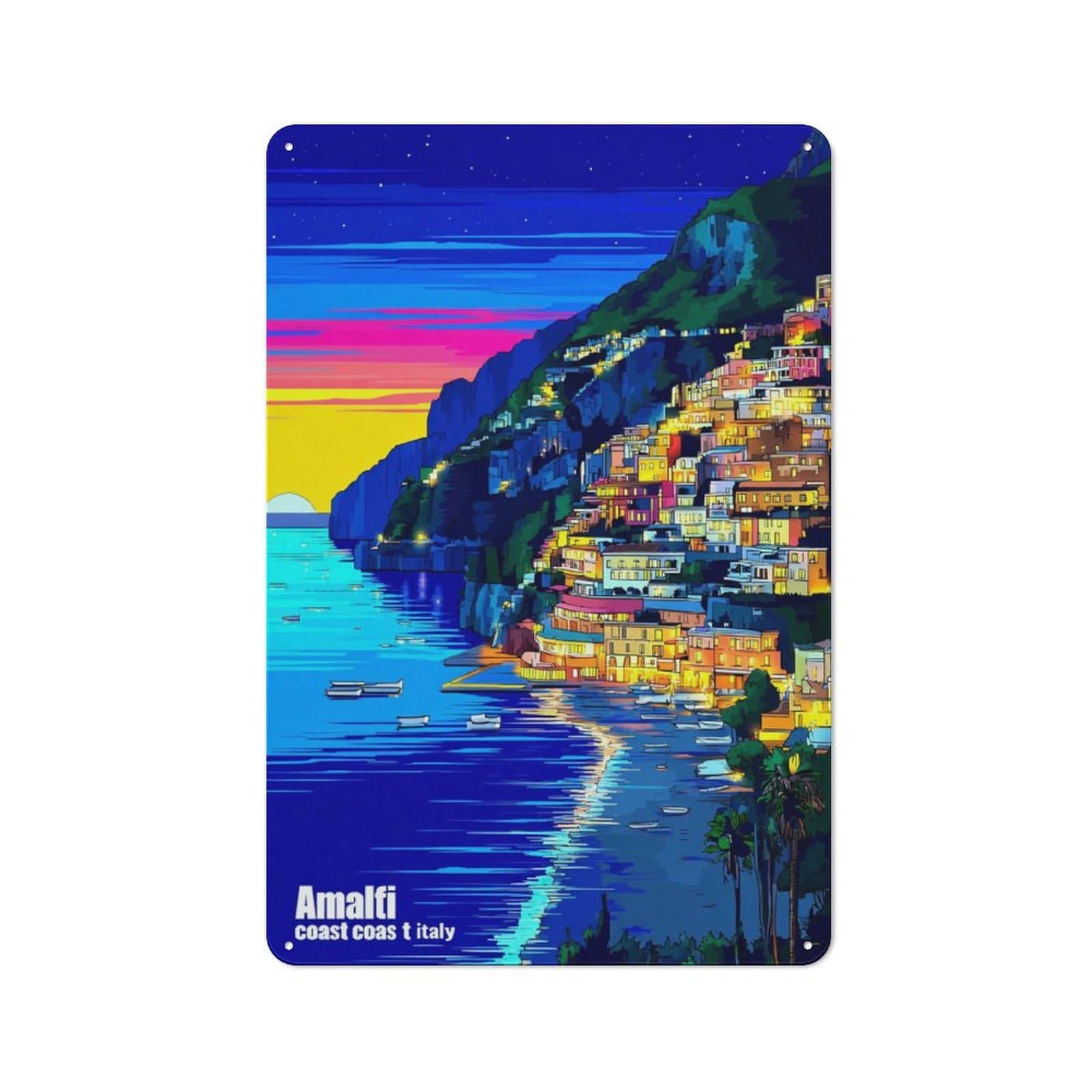 Junmoney Amalfi Coast Sunset Serenity Office Metal Sign With Design 30X20cm, Classic Study Room Decor For Office, Study, Studio Or Hallway
