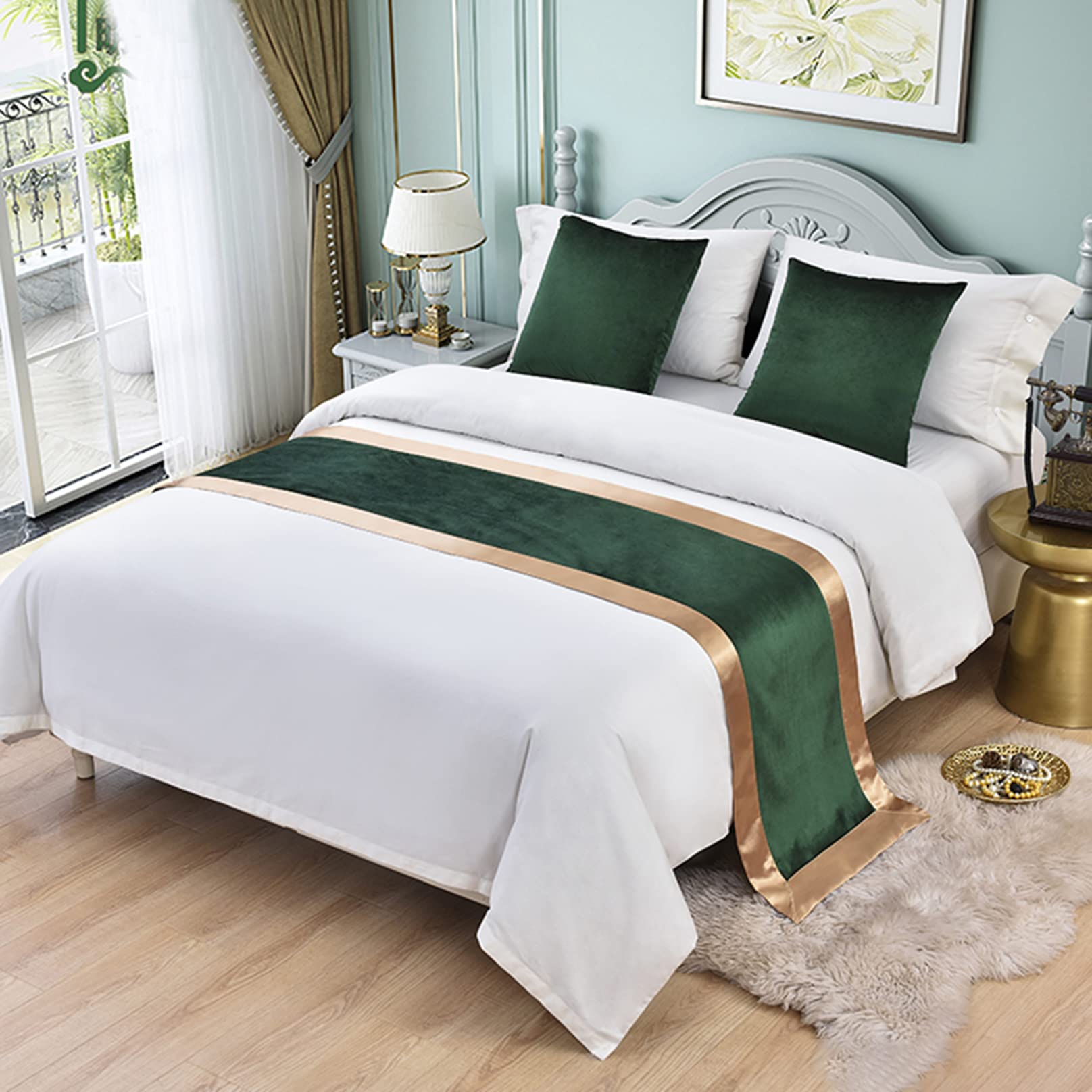 Ttiiloe Velvet Green Pattern Bed Runner For Foot Of Bed, Bedroom Bedspread Velvet Bed Throw Bedding Protection End Towel Bed Cover Bed Scarf For Hotel Home, Green, 50X260cm For 2M Bed