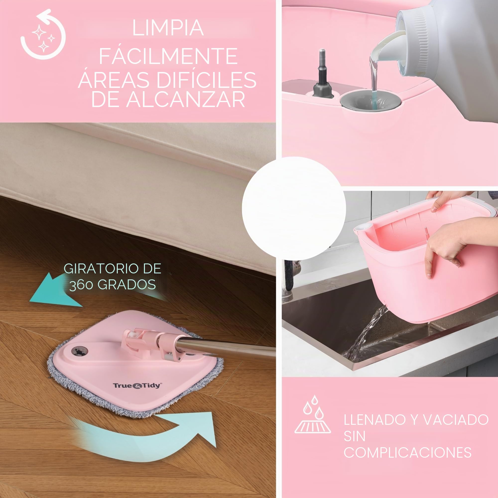 True & Tidy® True Clean - Sistema de fregona y Cubo, Incluye Cubo de fregona de Giro Cuadrado, Cubo de fregona de Doble Compartimento y 2 Almohadillas Gruesas Lavables a máquina, Nuevo Mejorado con