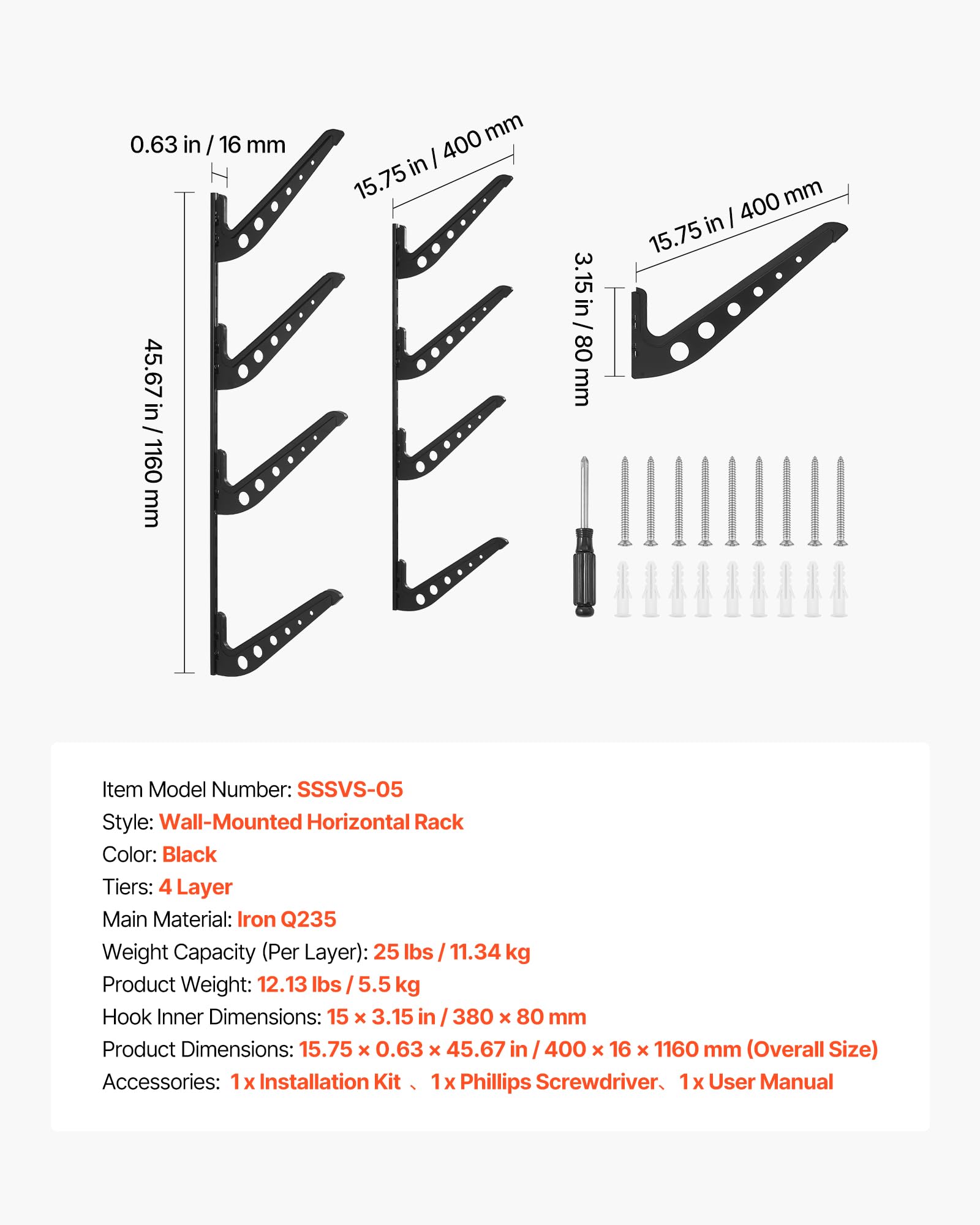 VEVOR Soporte de Pared para Tablas de Surf, Soporte Horizontal para Tablas de Surf de 4 Niveles para Almacenamiento y Exhibición, Organizador Ajustable para Kiteboards, Esquís y Snowboards, Negro