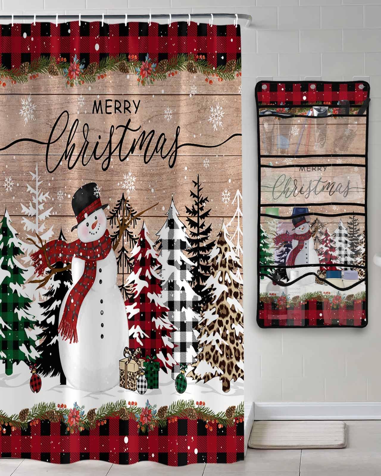 Decorative Shower Curtain Sets Christmas Snowman Fabric Shower Curtains Winter Xmas Red Check Tree Snowflake Wooden Grain Brown
