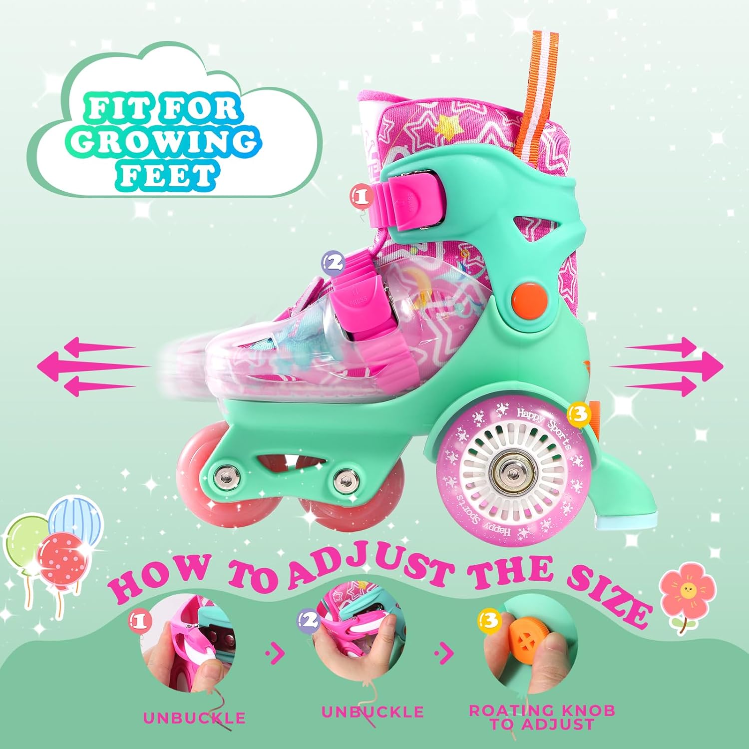 Toddler Roller Skates, 4 Adjustable Sizes, Light-up Wheels, Safety Three-Point Balance, Beginner Skates for Ages 3-8 Girls Boys Kids, Suitable Indoor & Outdoor Use