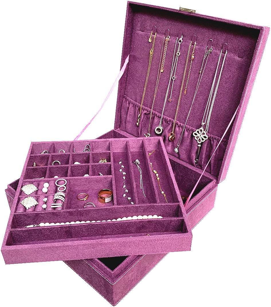Ationgle Jewelry Organizer Box with Lock, 44 Compartments 2-Layer Jewelry Box for Women for Ring Necklace Earring Ear Stud Bracelet Brooch, Purple
