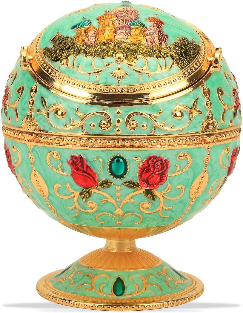 LAUYOO Windproof Ashtray with Lid for Cigarettes Metal Portable Cigar Ashtray Odor Eliminator for Indoor outdoor Hand Stamped Rose Pattern with Sparkle Fancy Gift for Men Women(Jade-green)