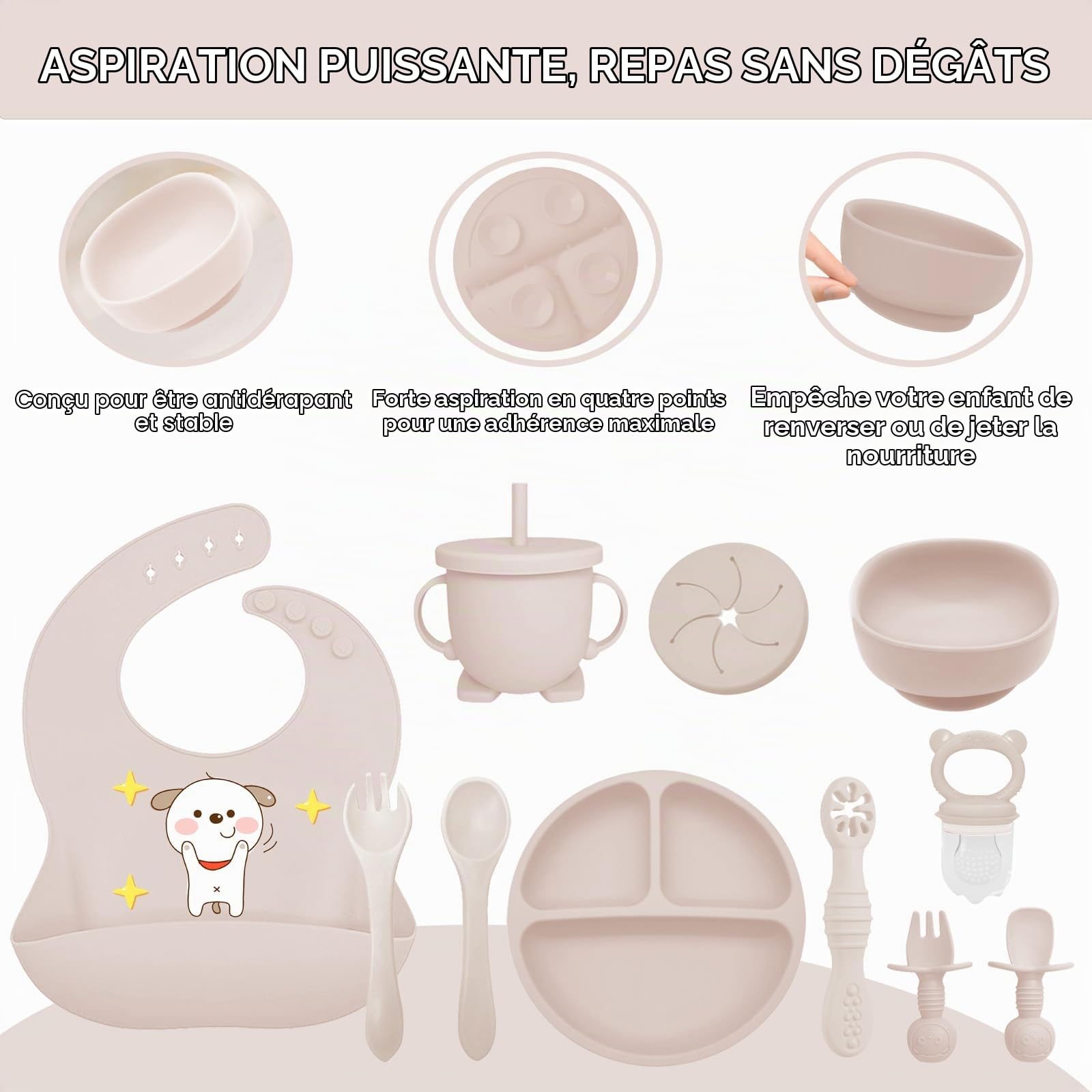 12 pièces Coffret Repas Bebe Silicone, Assiette bebe Set avec Ventouse Assiette Bol Fourche Cuillère Bavoir et Tasse, Enfant Set Couverts Vaisselle Pour Sevrage Manger (Beige)