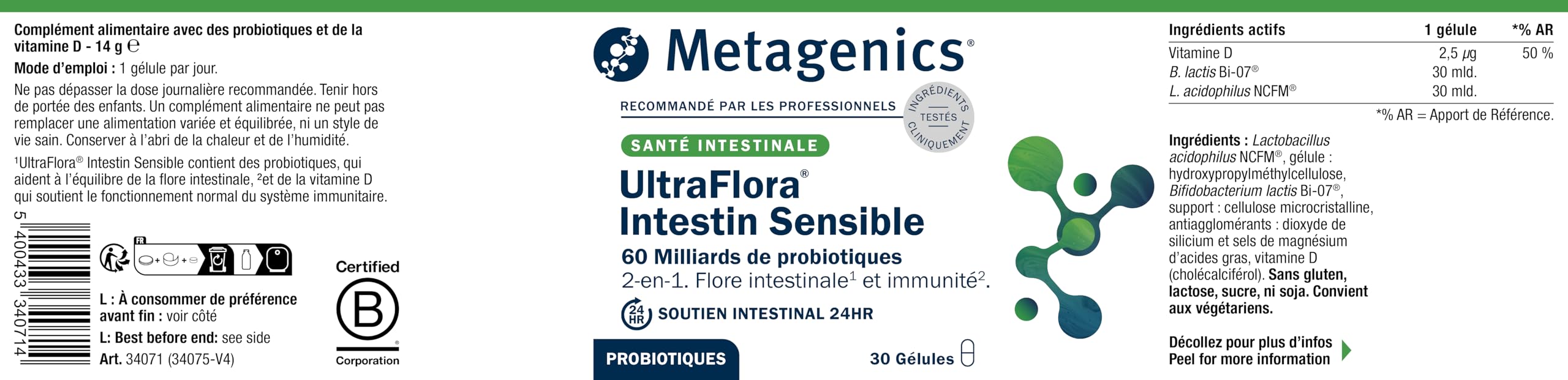 Metagenics UltraFlora Intestin Sensible, Ferments Lactiques, 30 Gélules | 60 milliards de ferments lactiques avec vitamine D. La vitamine D contribue au fonctionnement normal du système immunitaire.